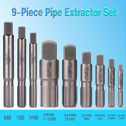 Miniatura 2 de Juego de extractor de tuberías, 9 piezas de extractores de tubos rotos de acero resistente para quitar tubos roscados dañados y accesorios de 18" a