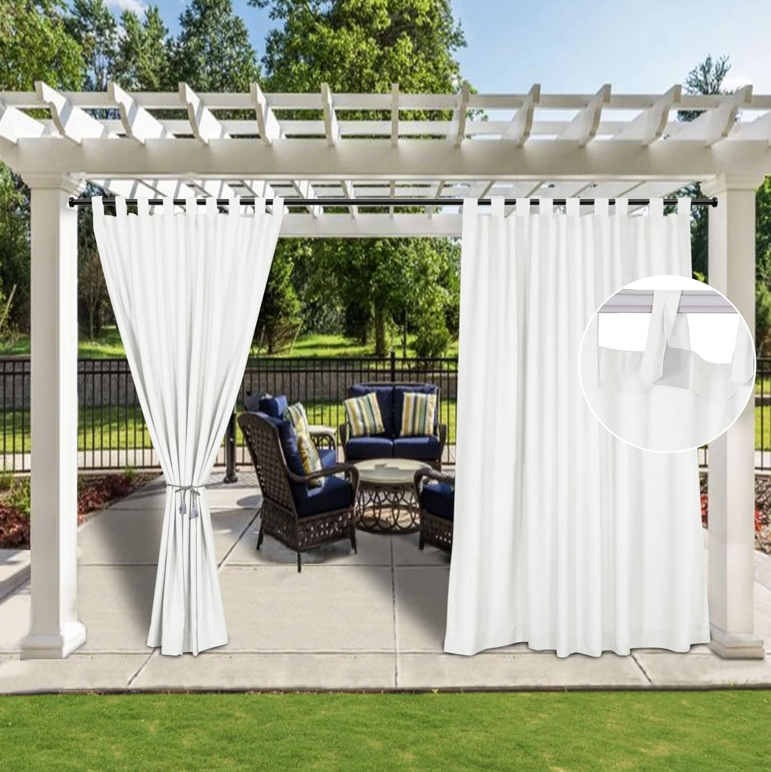 Fcosie Detachable Tab Top Outdoor Curtains for Patio Waterproof 52" Wx102 L, Linen Textured Curtain Panel for Gazebo Pavilion Yard Cabin, Privacy Drapery Panels Sun Blocking Drapes (White, 1 Panel)