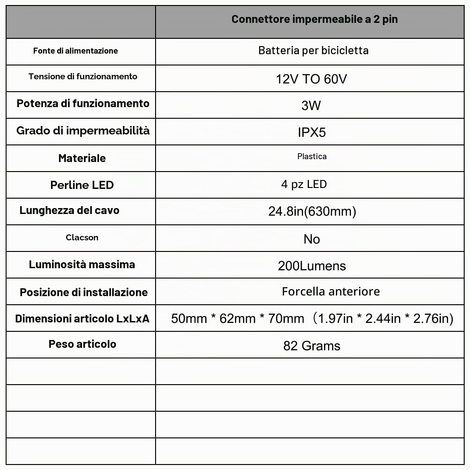 Fanale anteriore per e-bike 48V 36V, compatibile 12V-60V, faro elettrico per bici con connettore impermeabile a 2 pin
