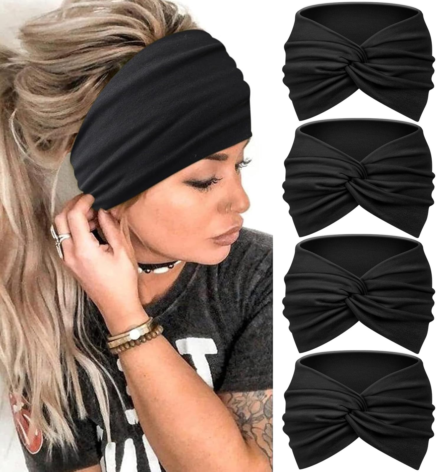 Blooms Fasce Per Capelli Donna, elastica Fascia Capelli Donna Cerchietto Capelli Fasce Per Capelli Bandana Large Headband Yoga Sportiva Accessori 4 Pcs