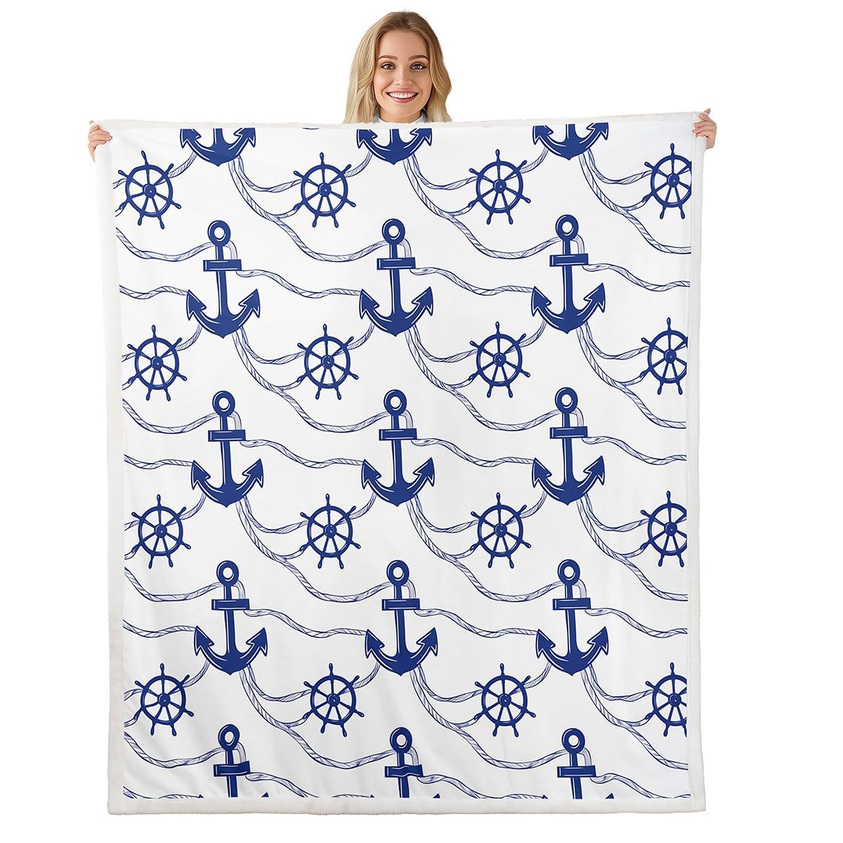 Couverture de voile bleue en polaire plaid géométrique ancre pour lit et chaise