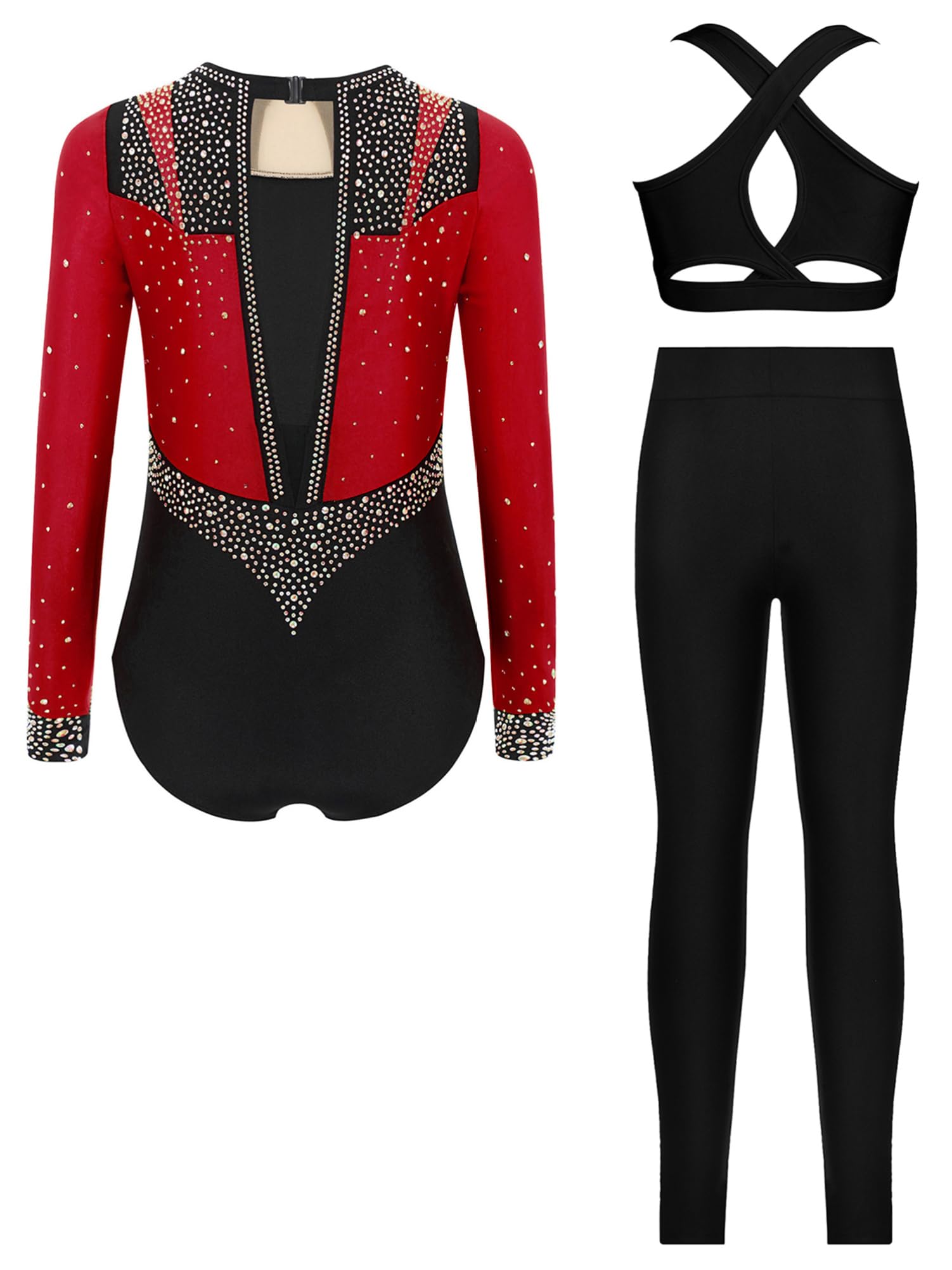 CHICTRY Body Ginnastica Artistica Bambina Paillettes Leotards Danza Classica Moterna + Crop Top Reggiseno + Pantaloni Legggins Tuta da Pattinaggio Artistico