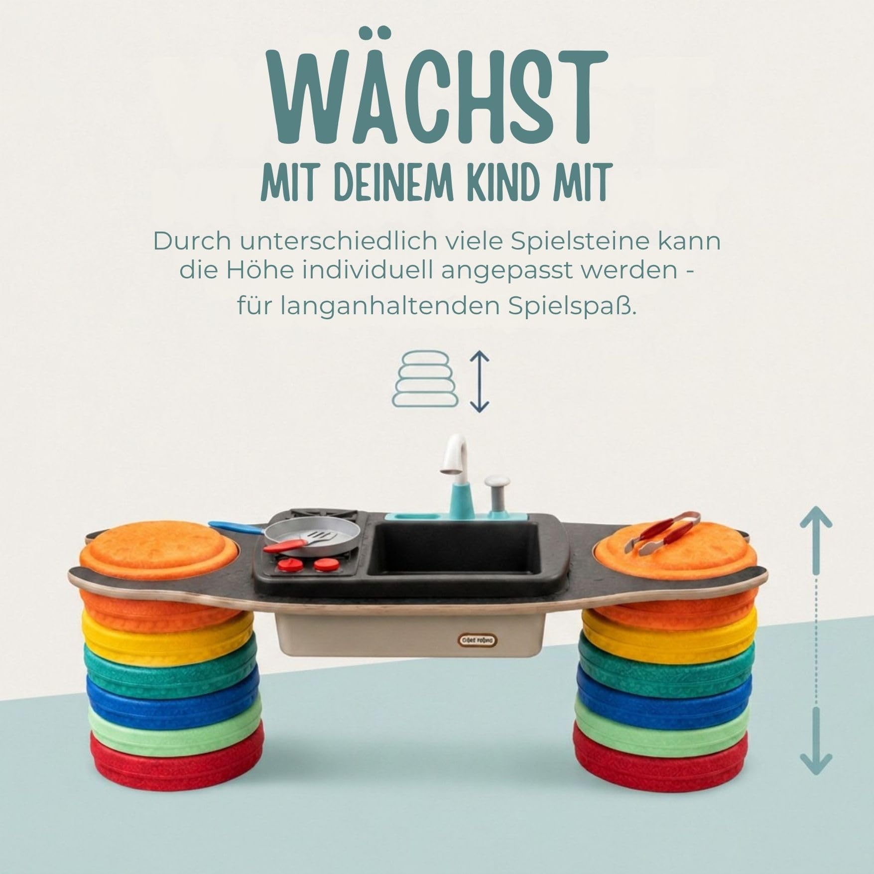 Matschküche, Kinderküche draußen, Spielküche Holz | Modulare Outdoor-Wasserspielküche, höhenverstellbar und wetterfest mit Wasserhahn für Jungen und Mädchen