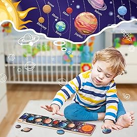 Zeoddler Solar System Toys for Kids 3-6, Wooden Space Puzzle, Planets for Kids, Preschool Learning Activities, Gift for Boys, Girls