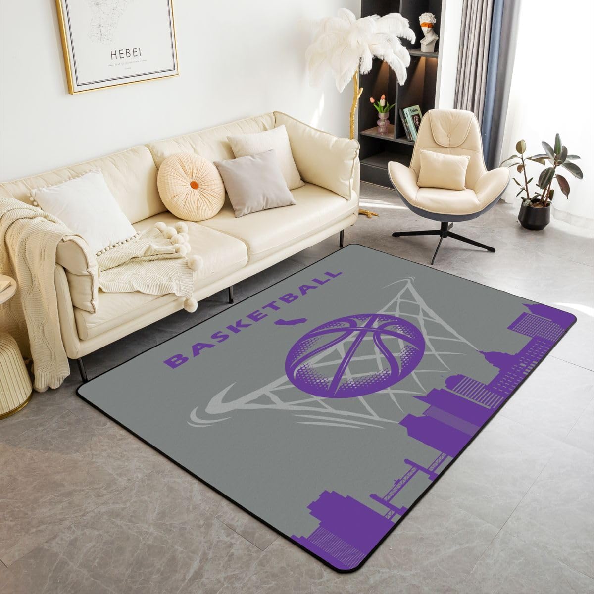 Erosebridal Basketball Area Rug 5x7,Basketball Carpet for Kids Boys Girls,Sports Living Room Rug,Basketball City Team Accent Rug Set for Bedroom Decor,