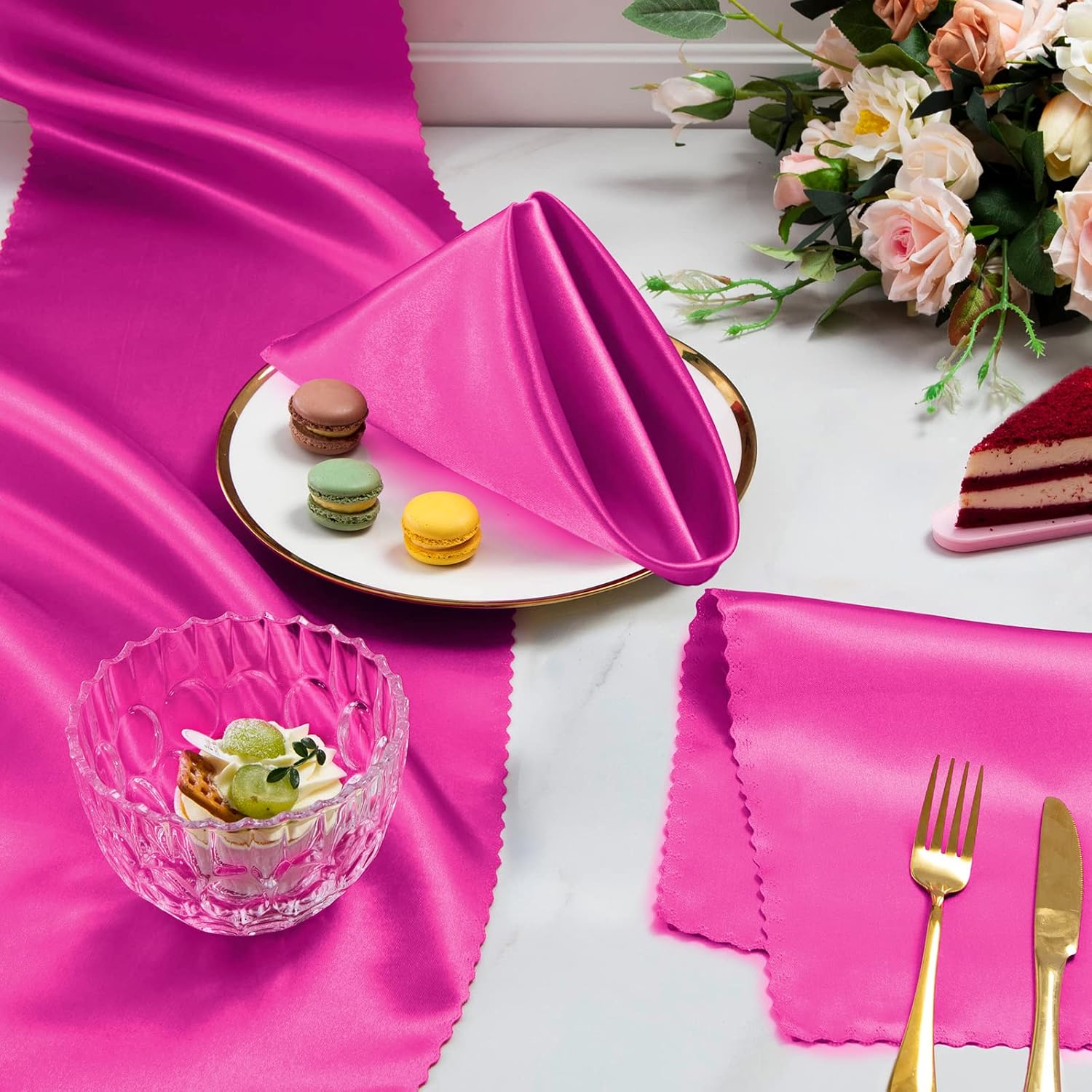 Horbaunal 100 Pack Satin Napkins 17" x 17" Square Dinner Napkins with Floral Edges, Soft Cloth Napkins for Parties, Weddings, Events, Hot Pink