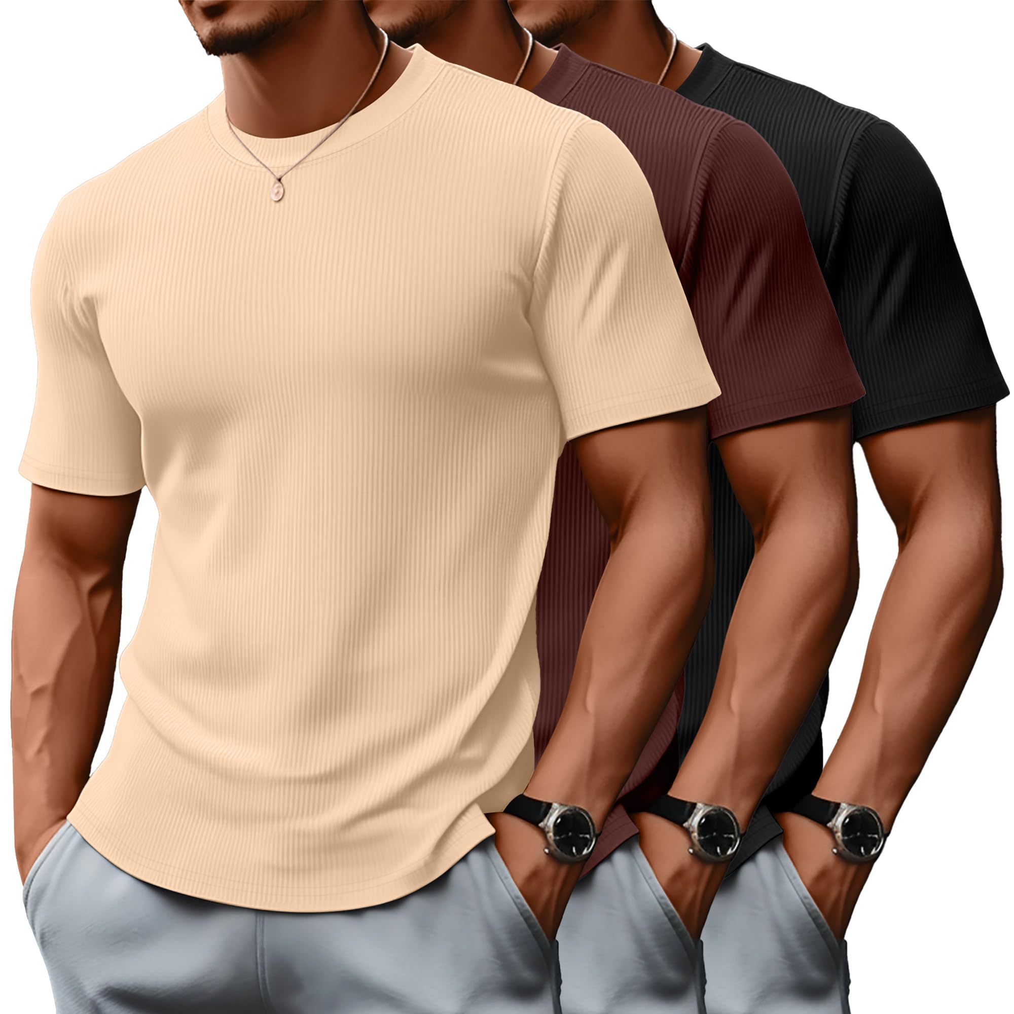Huukeay 3 Pack Men's Big and Tall Ribbed T Shirts Crew Neck Short Sleeve Plus Size Tees Casual Slim Fit Knit Shirts