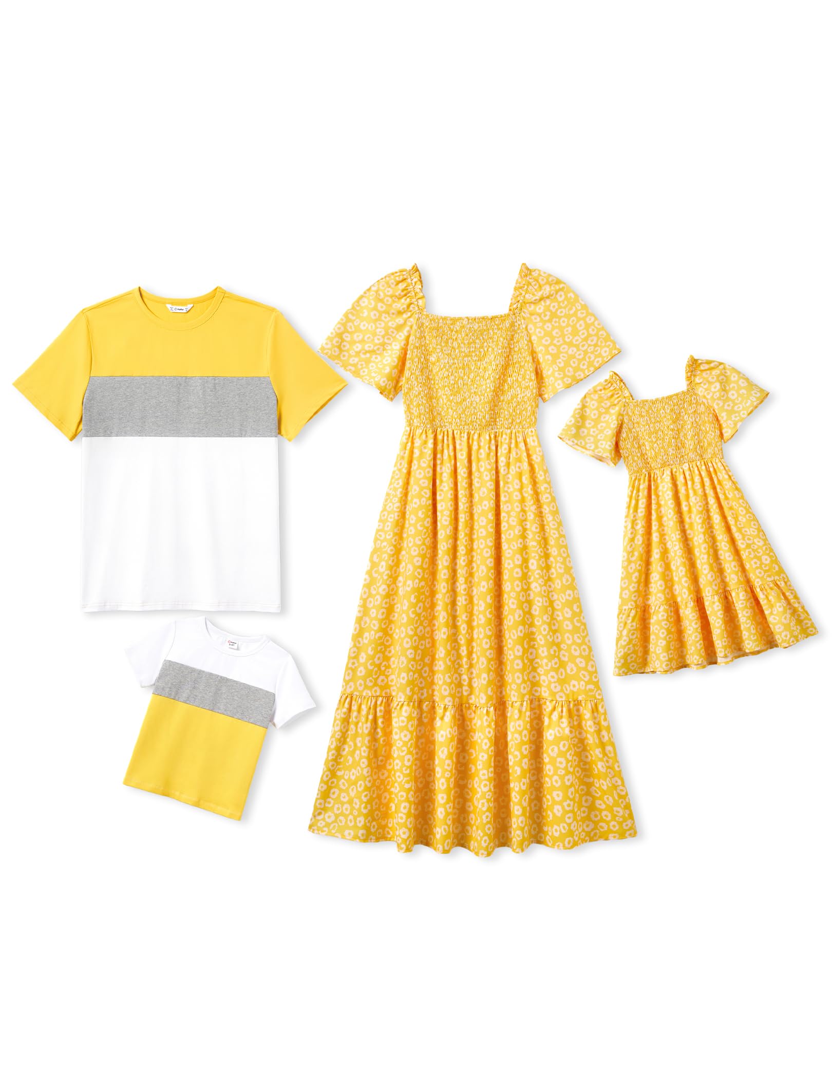 PATPAT Family Matching Outfits Boho Floral Print Square Neck Puff Sleeve Smocked Dress and Short Sleeve T-Shirts Matching Set