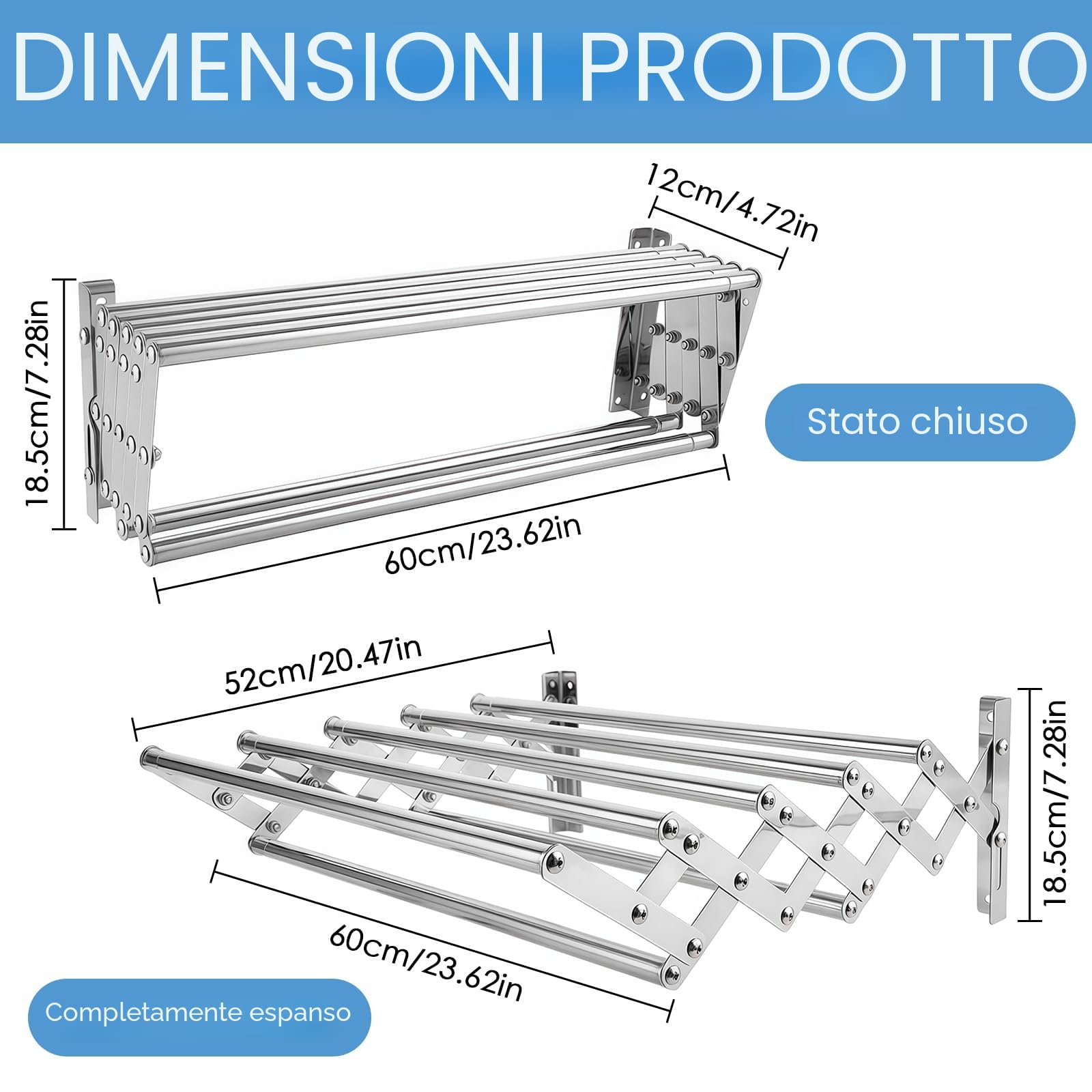 Stendibiancheria Estensibile da Parete,Stendibiancheria da Acciaio Inox per Interni ed Esterni con 7 Barre da 60 cm,Stendibiancheria Estensibile per Balconi e Sopravasca,60x52x18.5cm