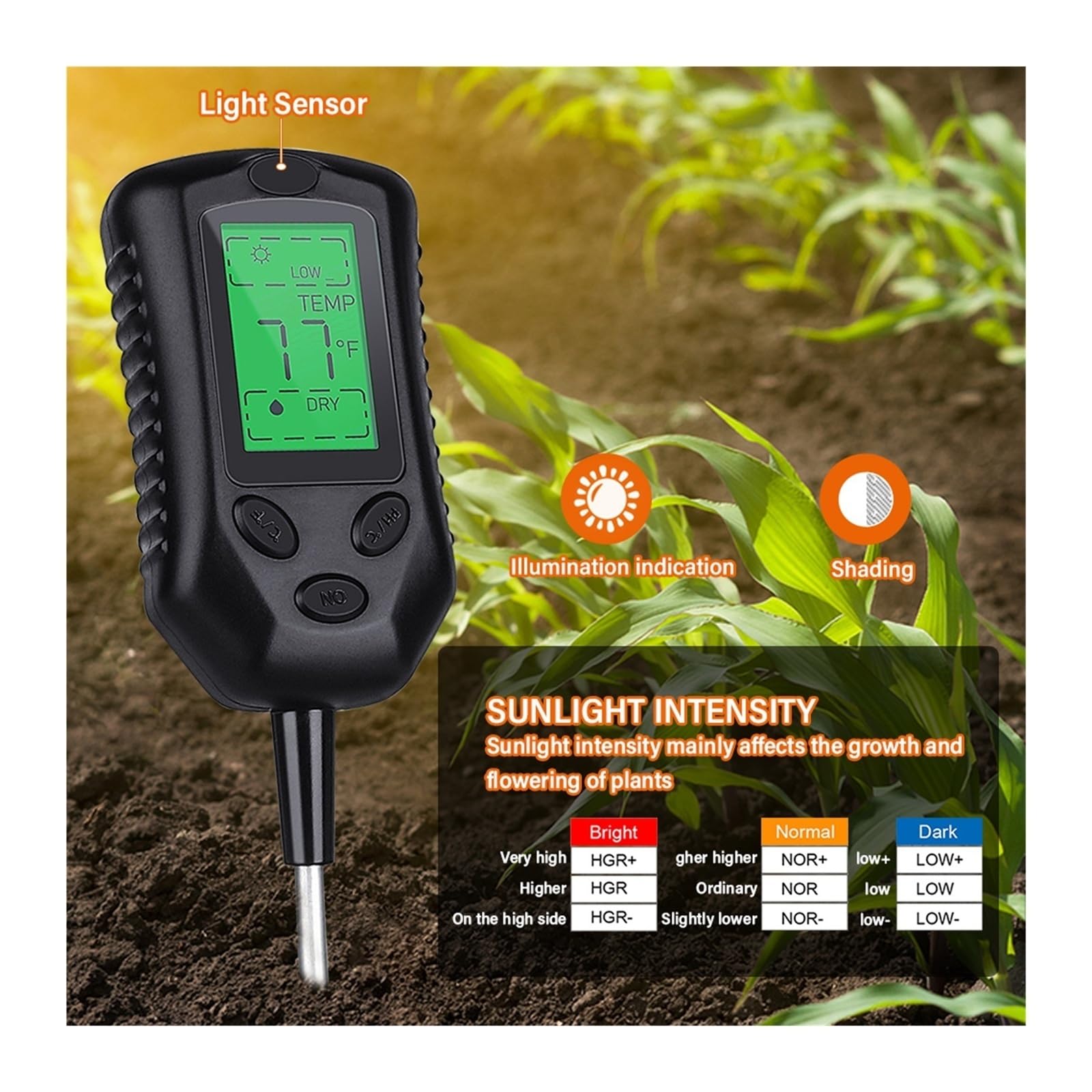 Feuchtigkeitsmesser, Bodenmessgerät PH/Feuchtigkeit/Sonnenlicht/Temperatur Luftfeuchtigkeitsmesser Säuremonitor Gartenarbeit Landwirtschaft Pflanzen Feuchtigkeitssensor Tester für Garten, Bauernhof