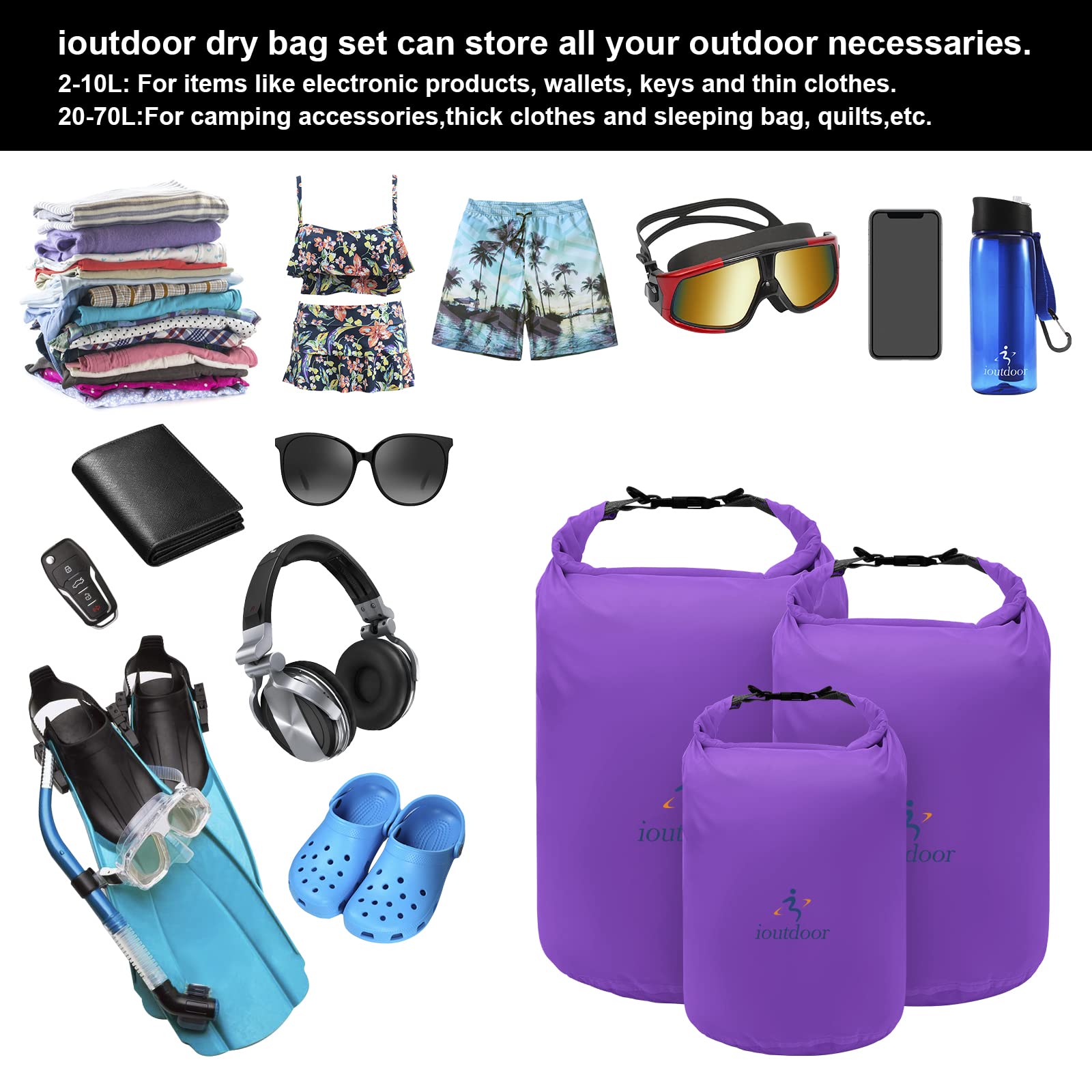Trockentaschen-Set, wasserdicht, leicht, für Paddelboard, Kajakfahren, Angeln, Camping, Wandern, Zuhause, 6er-Pack, Violett, 2L + 5L + 10L + 20L+ 40L+ 70L, Trockentasche