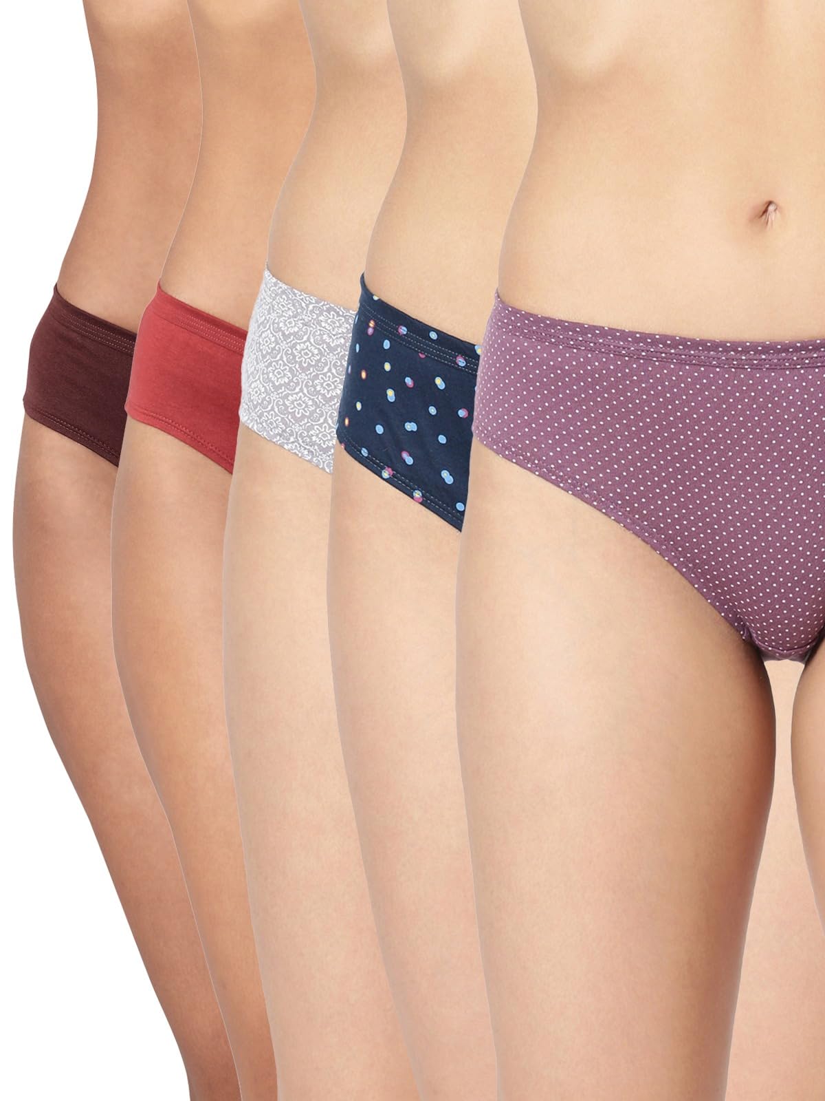 Marigold Combo Women’s 100% Cotton Semi Bikini Panty|Mid-Rise|Printed & Solid|Fabric Covered Elastic Waistband for Everyday Comfort_Pack of 5-image-49