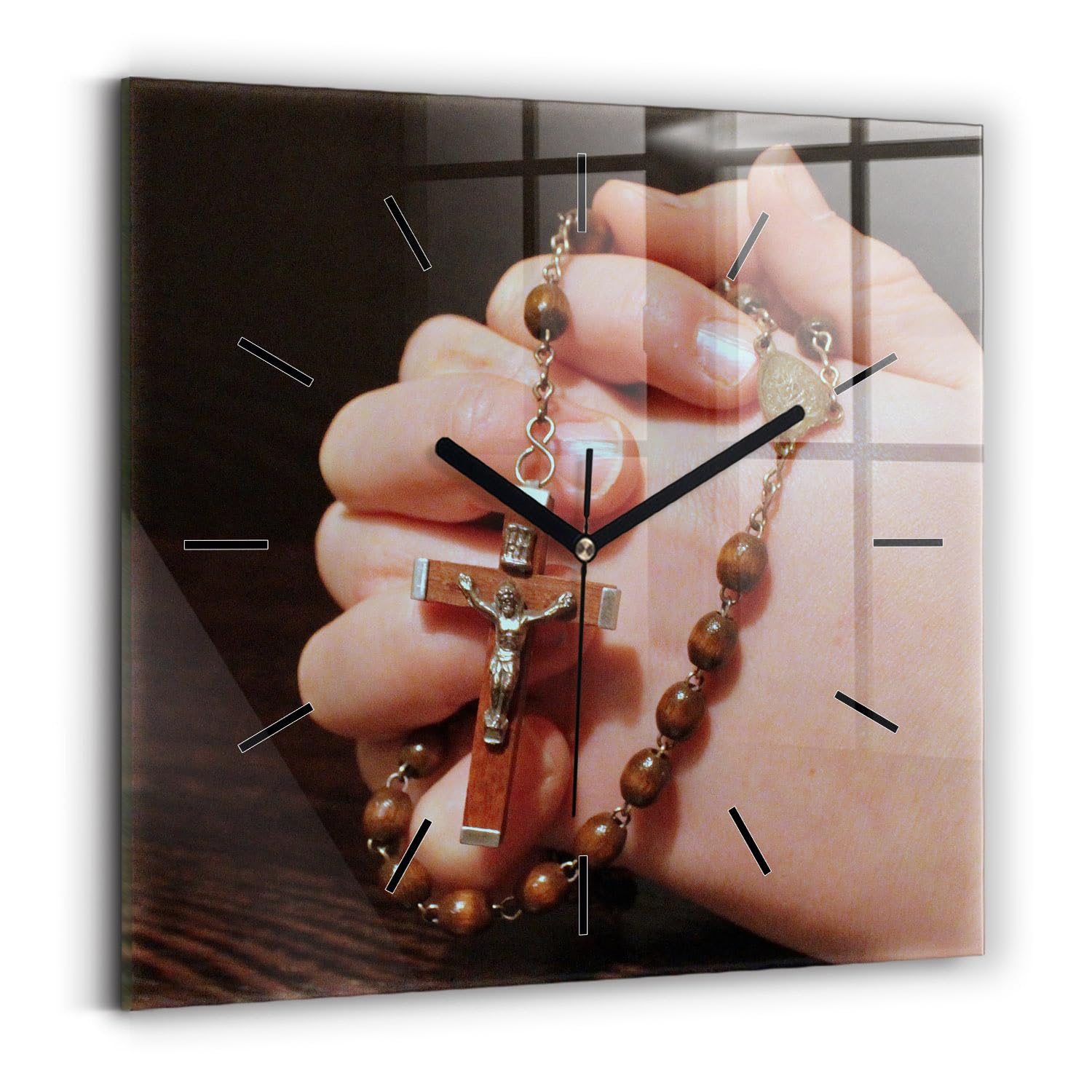 Sacroarte 30x30cm Funcionamiento silencioso Reloj de Vidrio Biblia Fe Manecillas de Reloj Negras - oración del Rosario