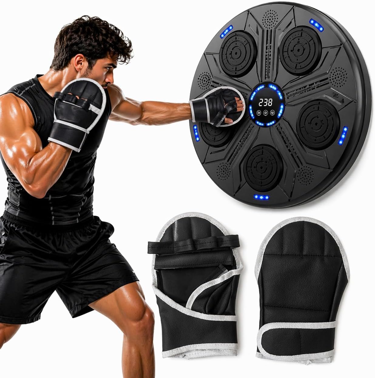 Music Boxing Machine Interattiva con LED a Parete e Bluetooth - 5 Pad Reattivi - Display Digitale - Guantoni INCLUSI - Beat Punch Allenamento Casa per Riflessi, Velocità e Coordinazione