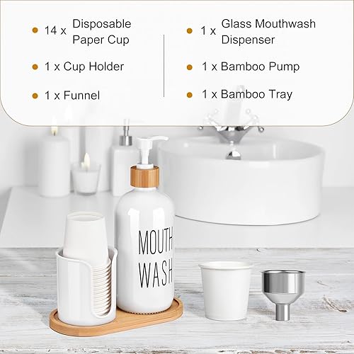 Miniatura 5 de Dispensador de enjuague bucal de vidrio con soporte para tazas, botella de bomba de 16 onzas, contenedor de enjuague bucal blanco para baño, 14