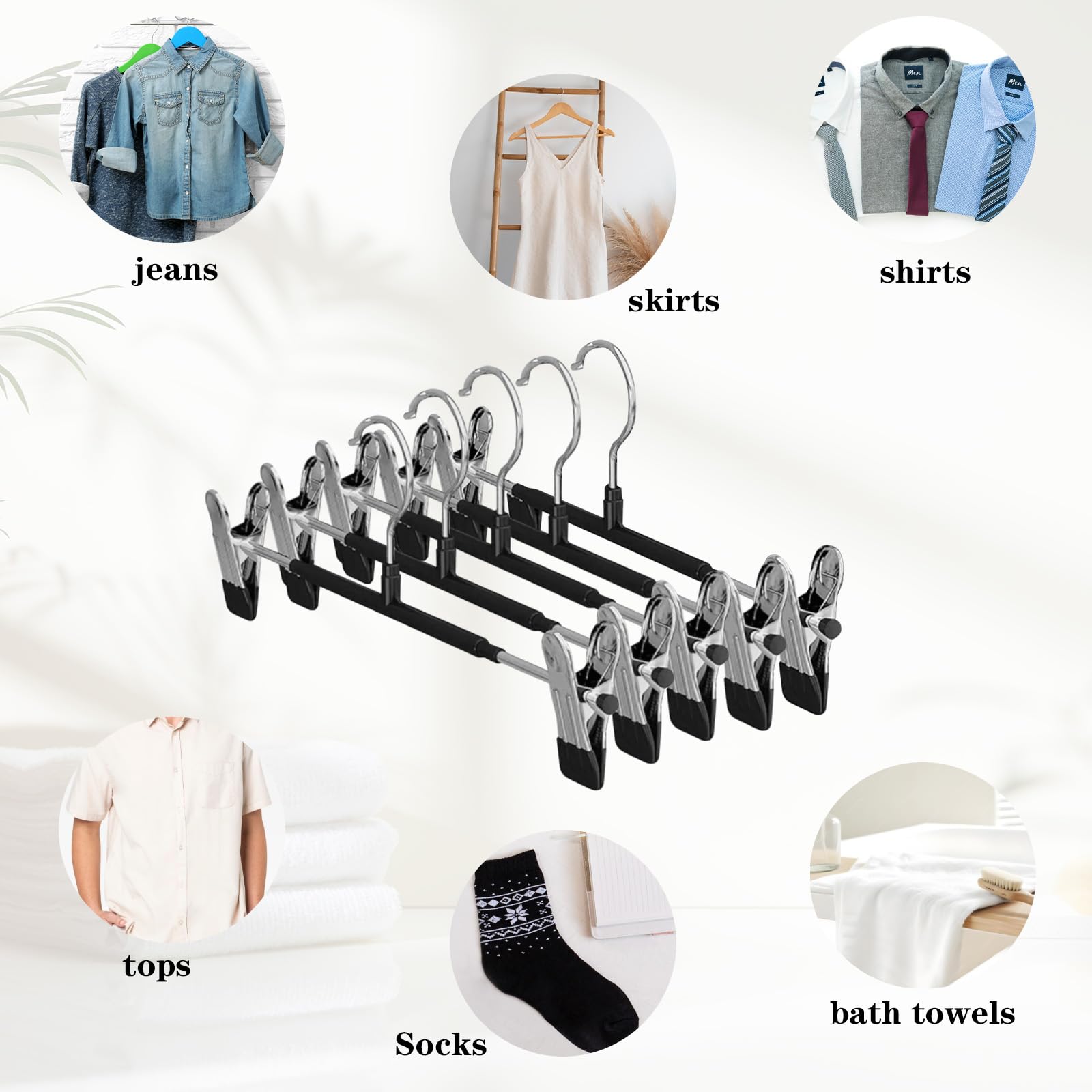 10 Pezzi Grucce Pantaloni, Grucce in Metallo con Pinze Regolabili, Appendiabiti Pantaloni, Grucce Gonne da Armadio con 2 Clip Antiscivolo Salvaspazio per Gonne Pantaloni e Sciarpe, Nero