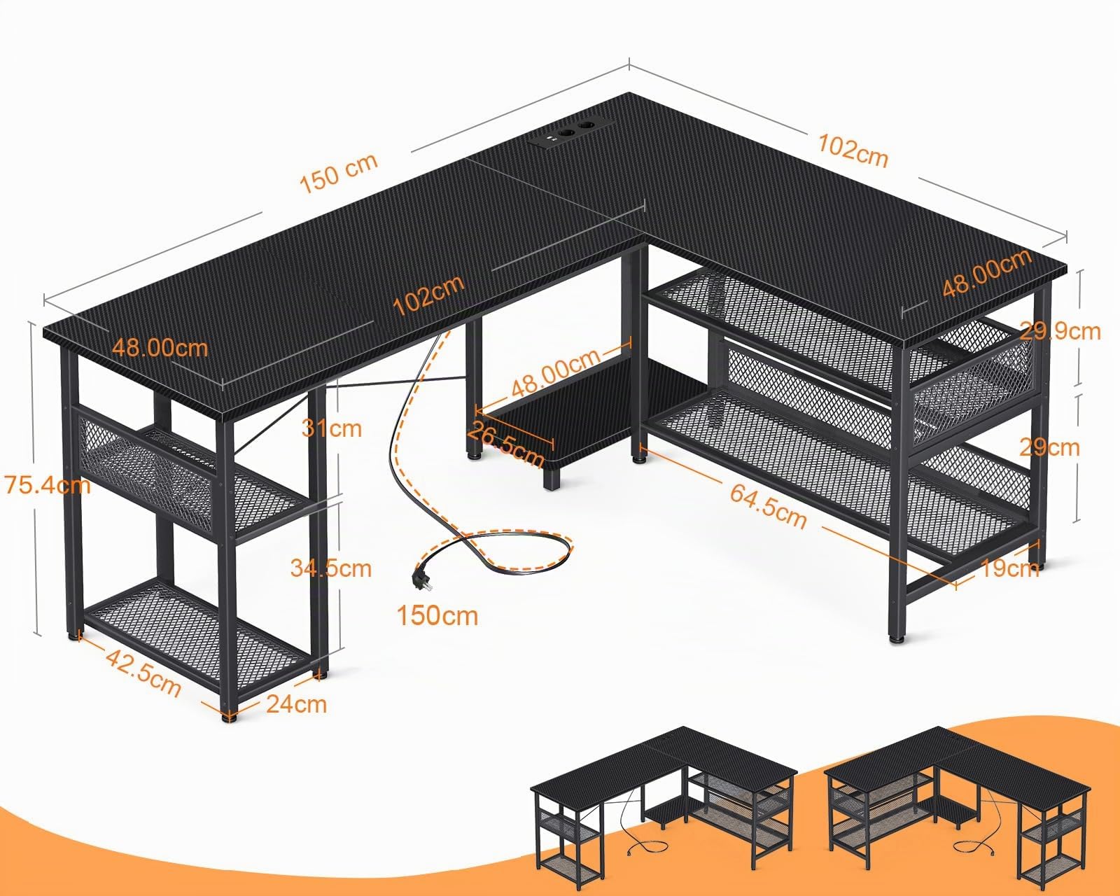 ODK Scrivania Gaming ad L con Design Reversibile, Scrivania con Ampio Spazio di Archiviazione, Scrivania ad Angolo con 2 Prese e 2 Porte USB, Fibra Di Carbonio Nera, 150×102 cm