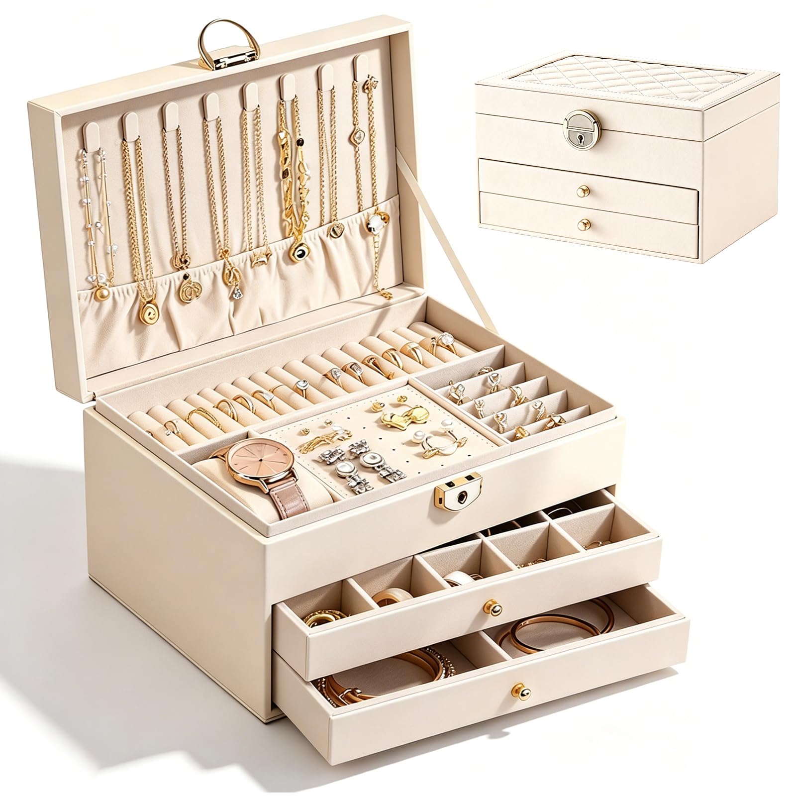Large Jewellery Box: 23 x 17 x 13.5 cm Three-Layer Storage Jewellery Box Drawers Dustproof PU Leather Jewellery Box Jewellery Storage Women for Bedroom and Dressing Table Colour Pearl White