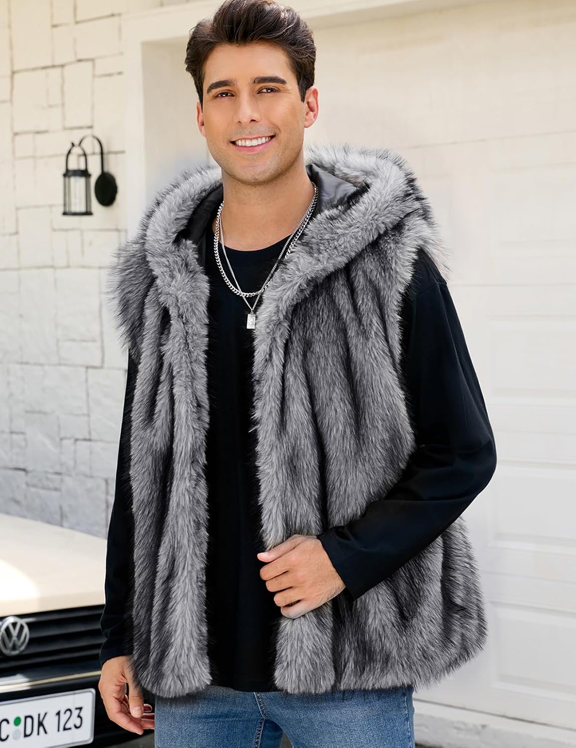 Gihuo Mens Faux Fur Vest Hooed Fur Gilet Sleevless Jacket Winter Warm Hooded Outerwear