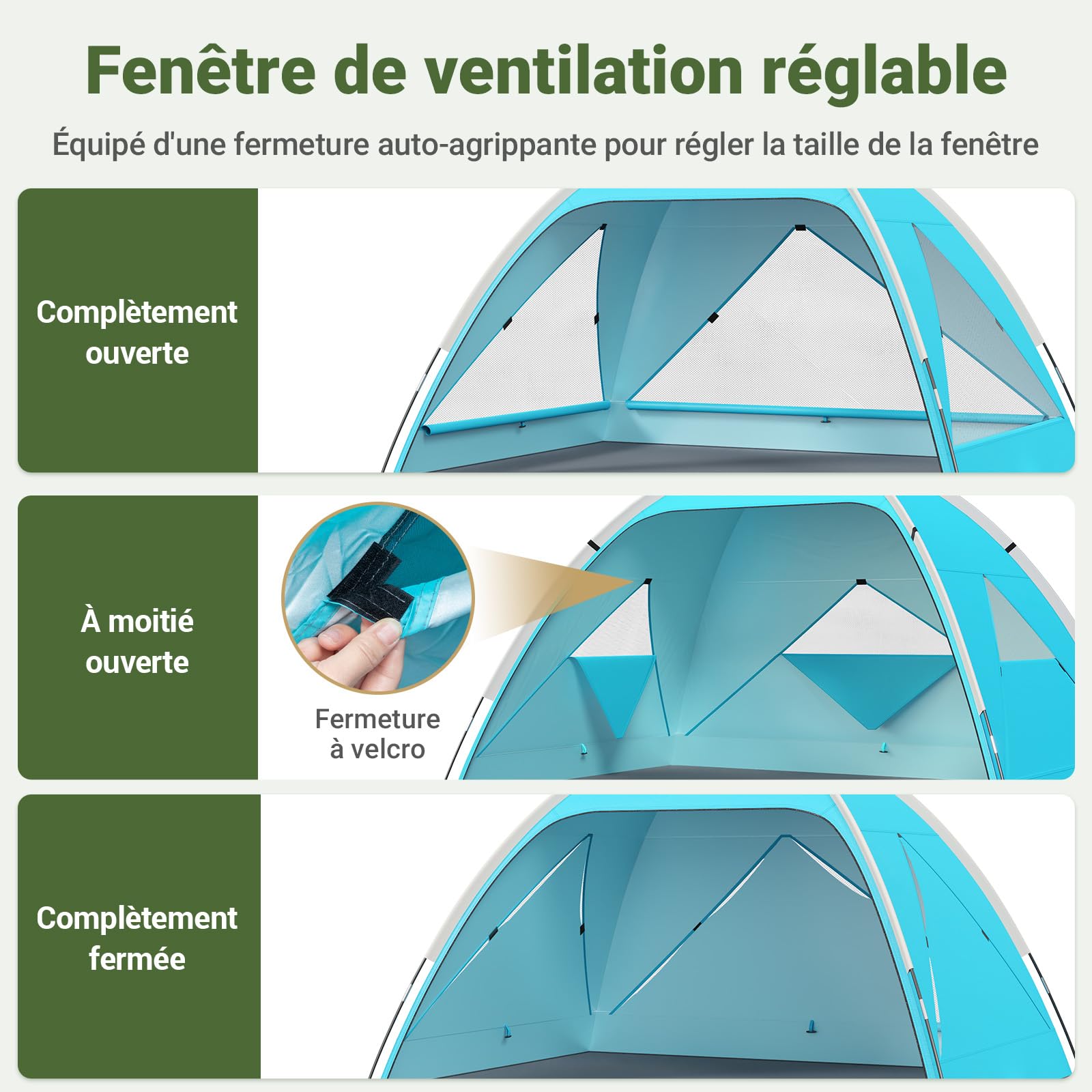 Wolfwise Tente de Plage UPF 50+ pour Famille, Abri Solaire Anti-UV avec 3 Fenêtres Ventilées, Plancher Extensible et Sac de Transport, Capacité 4 Personnes, Bleu