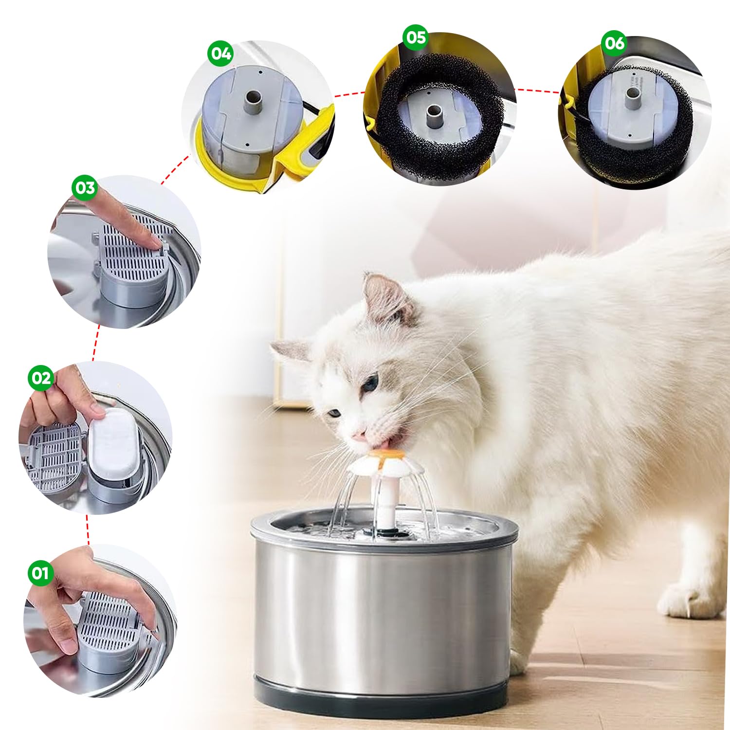 20 Pezzi Filtri Fontanella per Gatti, Incluso 10 Pezzi di Filtro a Carbone e 10 Pezzi di Spugna in Schiuma, Per un'ampia Gamma di Fontanelle per Gatti in Acciaio Inossidabile