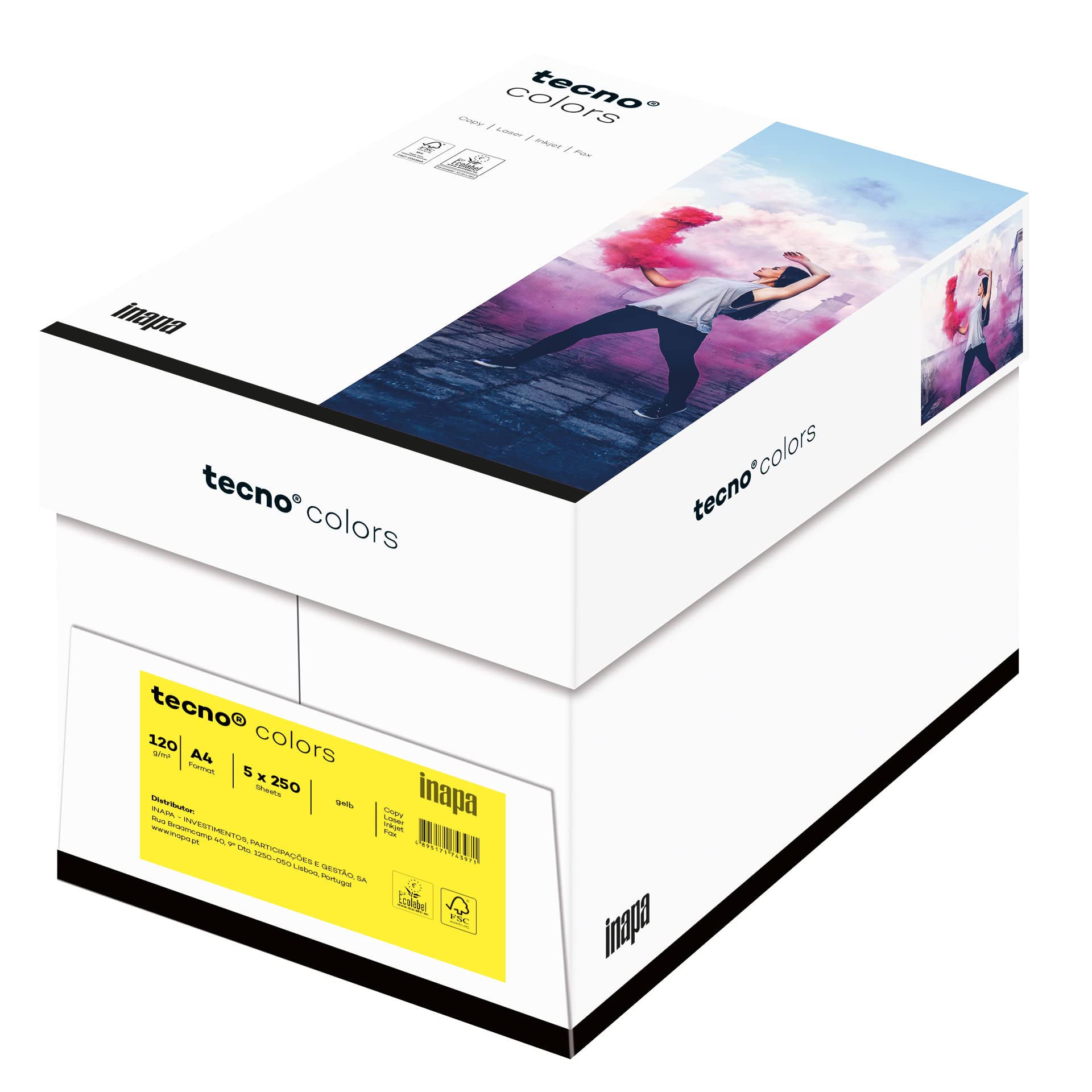 inapa farbiges Druckerpapier, buntes Papier tecno Colors: 120 g/m², A4, 1.250 Blatt (5x250), gelb