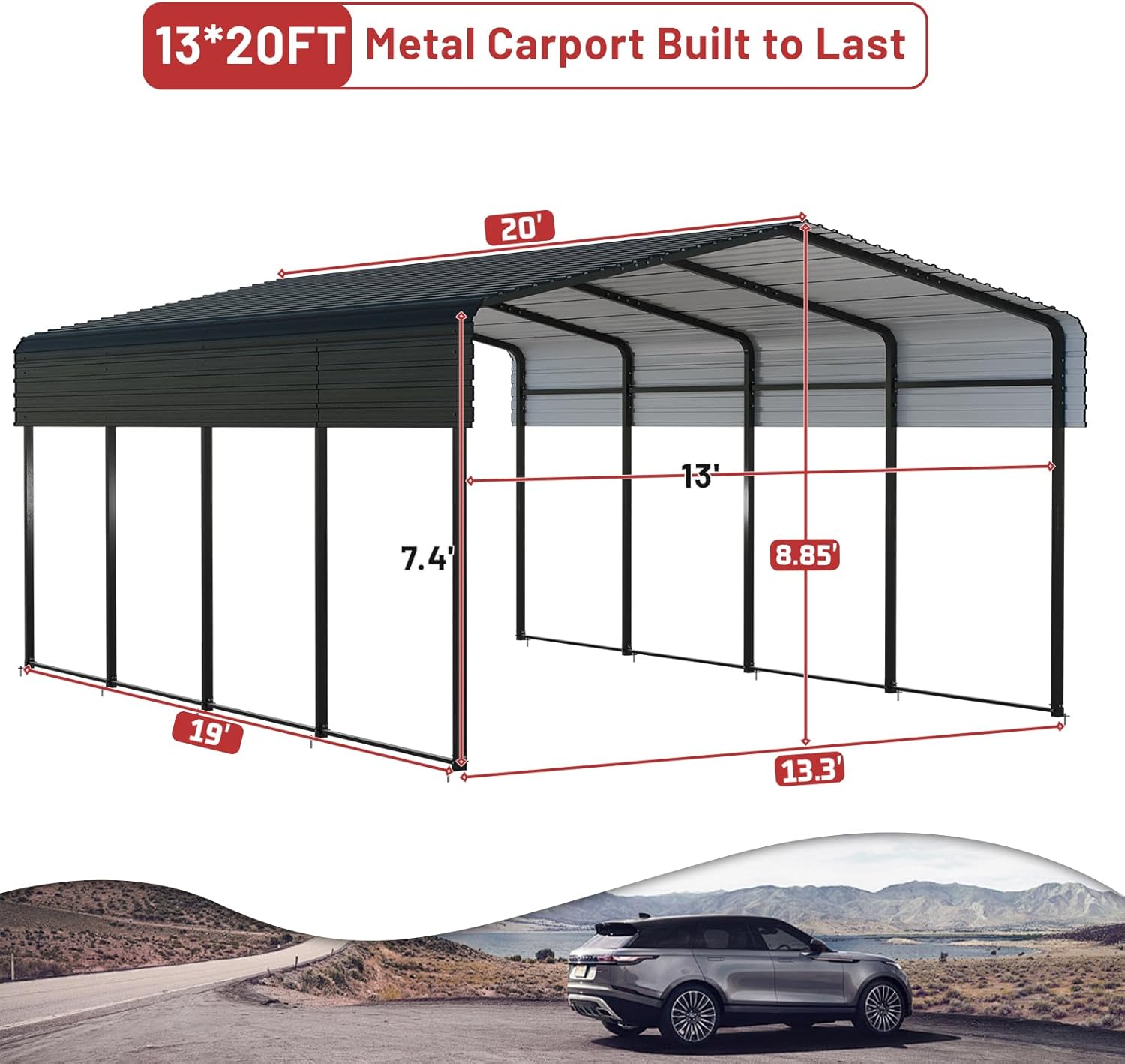 Diagram showing the dimensions of the 13x20FT metal carport