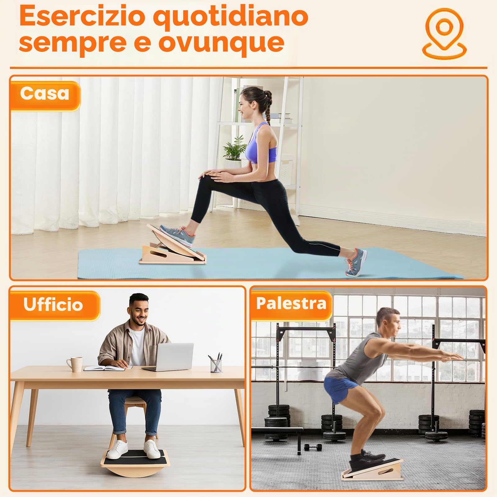 Tavola Inclinata in Legno, 2-Ini-1 Slant Board & Tavola Equilibrio con tappetino antiscivolo, 4 angoli regolabili Balance Board per Tallone, Squat, Stacco da Terra