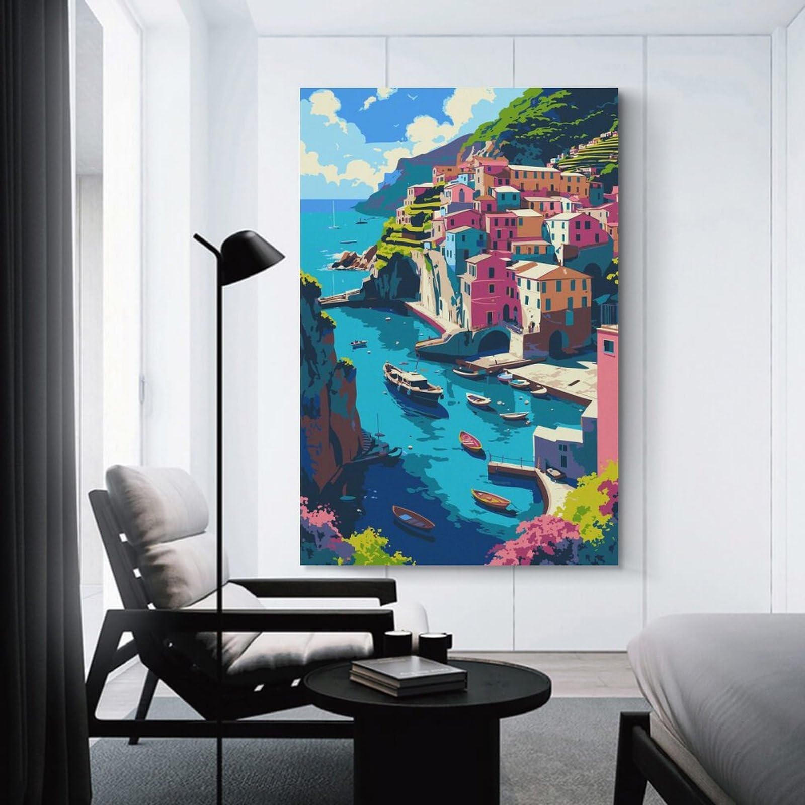 Junmoney Colorful Coastal Village Illustration Canvas Wall Picture 20x30inch(50x75cm), for Contemporary Homes, Apartments Or Offices, Wall Decor with Flexible Room Appeal