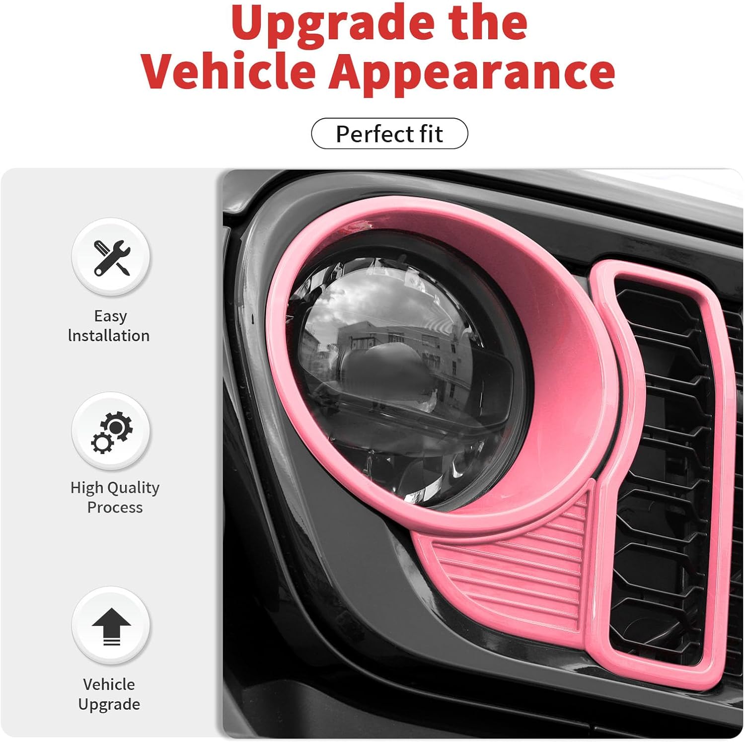 Front Grill Insert+Headlight Turn Light Cover Compatible with 2024-2026+ Jeep Wrangler JL JLU & Gladiator JT Exterior Accessories,Not Fit for JL Sport & Sports (Pink)