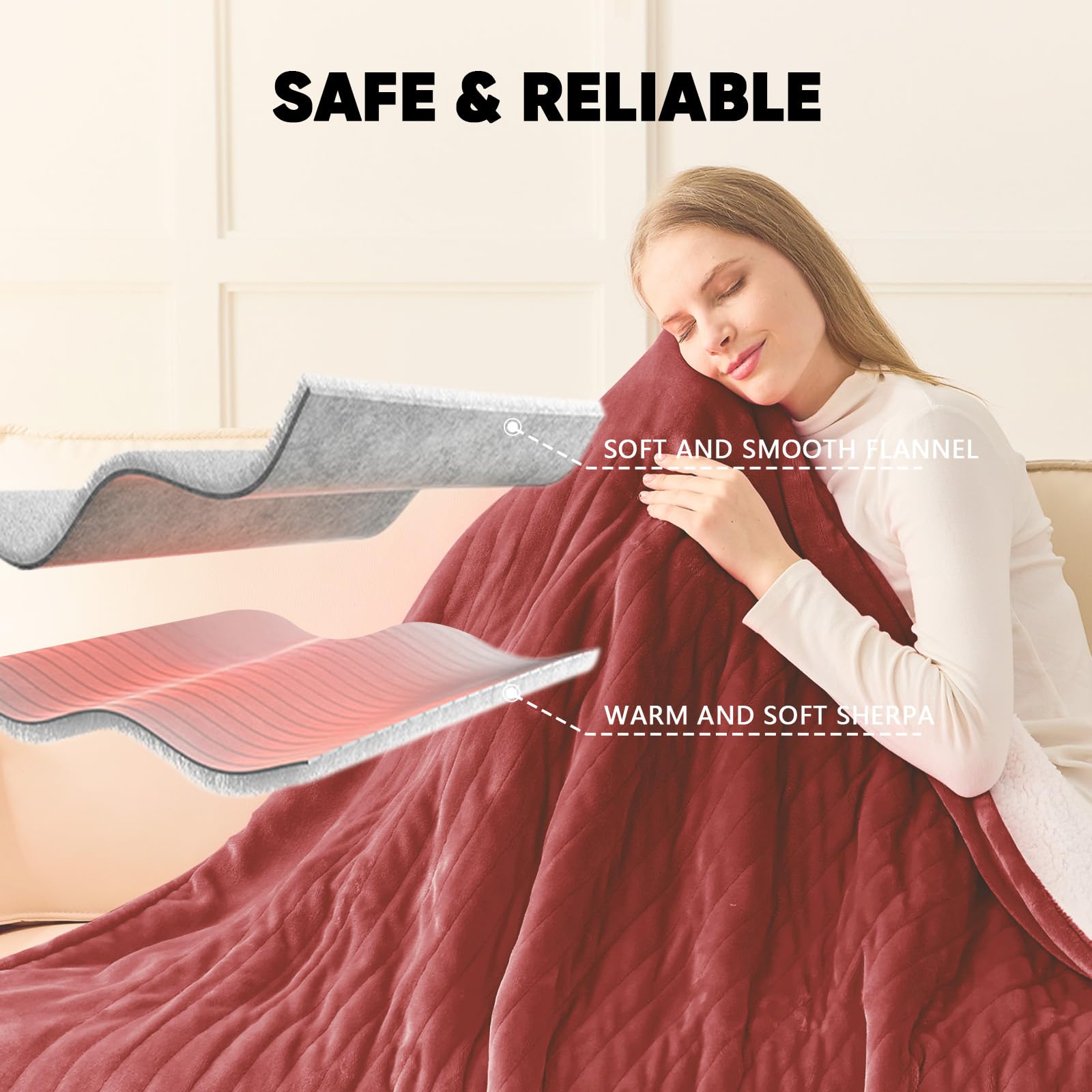 greenoak Heated Blanket Electric Queen Size 84"X90" Dual Control, Heating Blanket with 10 Levels 1/2/4/6/8 Hours Auto-Off Overheat Protection, Soft Sherpa Warm, ETL Certified Red