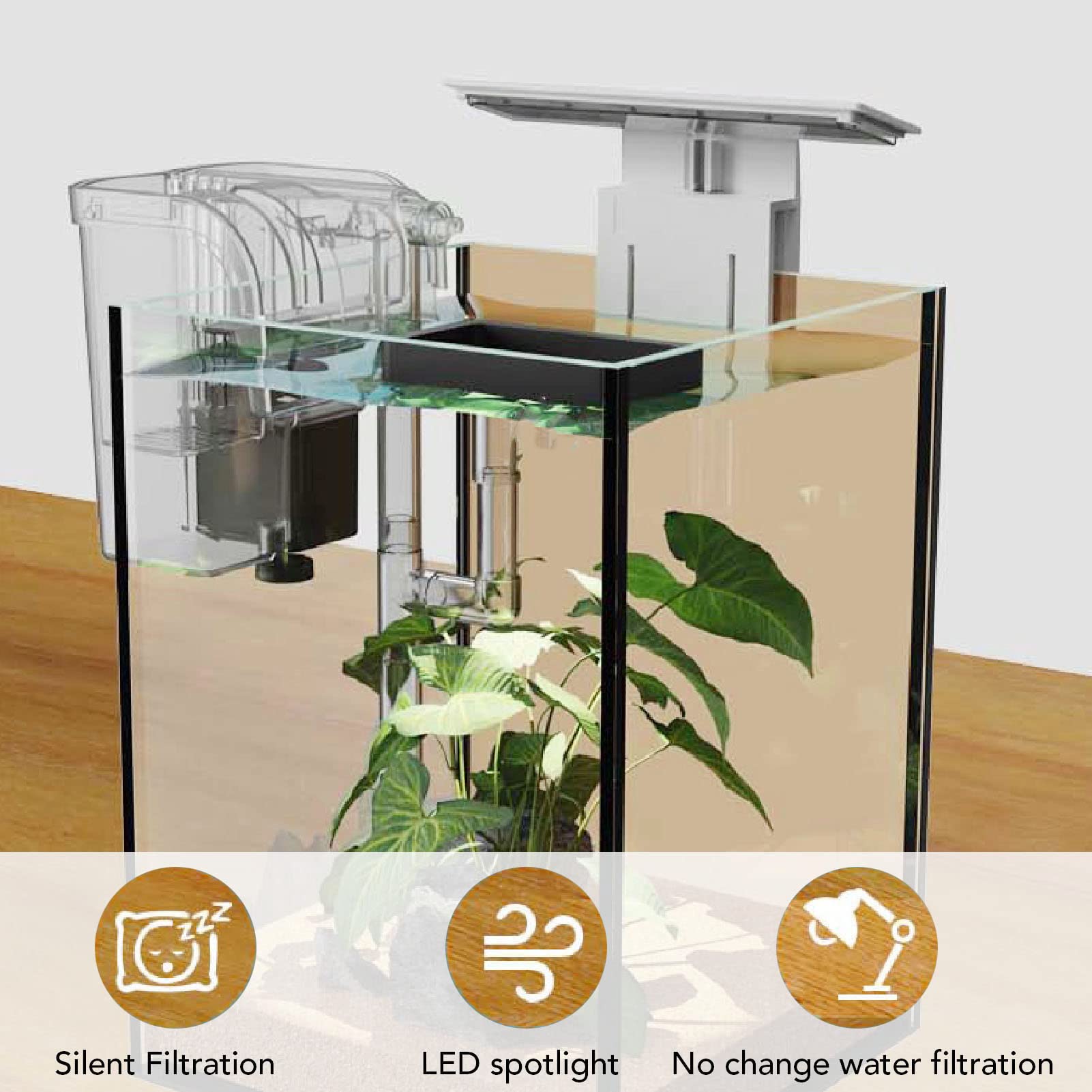 Piccolo Acquario da Tavolo, Kit Acquario Trasparente 3 in 1 Serbatoio Moderno e Compatto, Acquario Betta con Filtro e Luce LED per L'arredamento della Stanza (Spina europea 220 V)