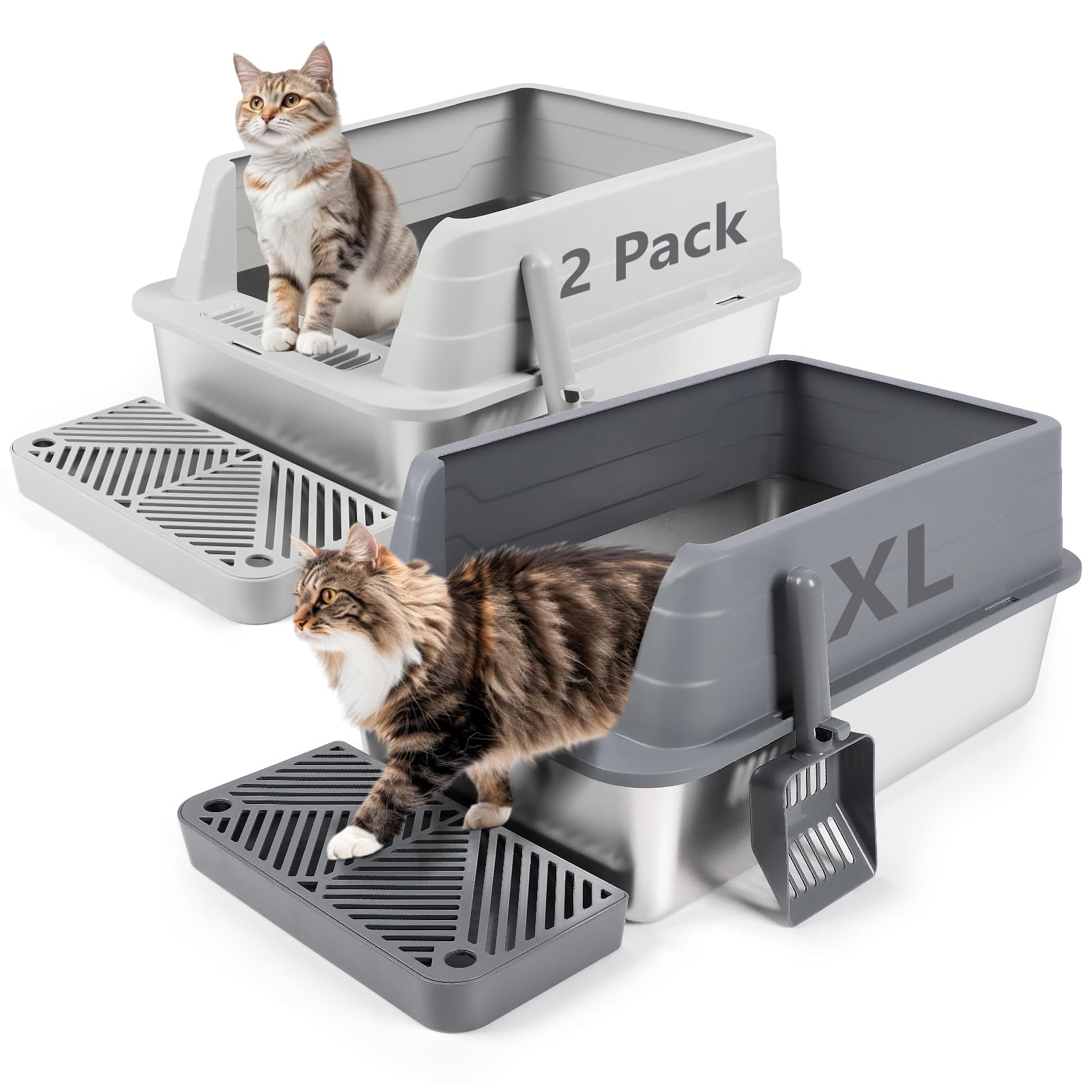 Lettiera per gatti in acciaio inox con paletta, 2 confezioni di vaschetta per lettiere con lati alti, anti-schizzi, non appiccicosa, facile da pulire(Grigio scuro&Grigio chiaro)