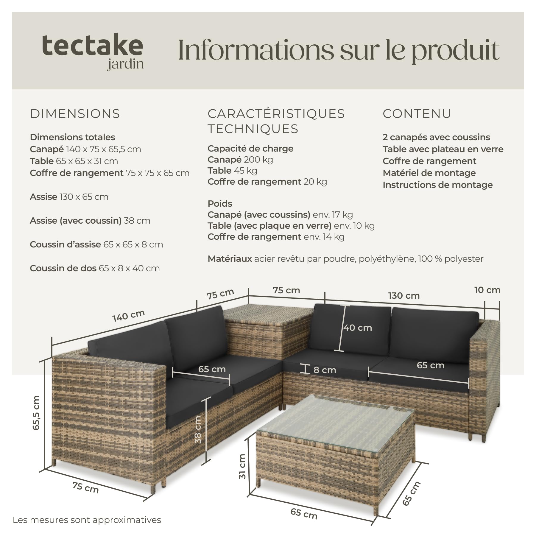 tectake® Ensemble Salon de Jardin Exterieur en Poly Rotin 4 Personnes, 2 Canapés modulables, Coffre de Rangement et Table de Jardin en Verre Inclus, Mobilier de Jardin pour Amenagement Balcon
