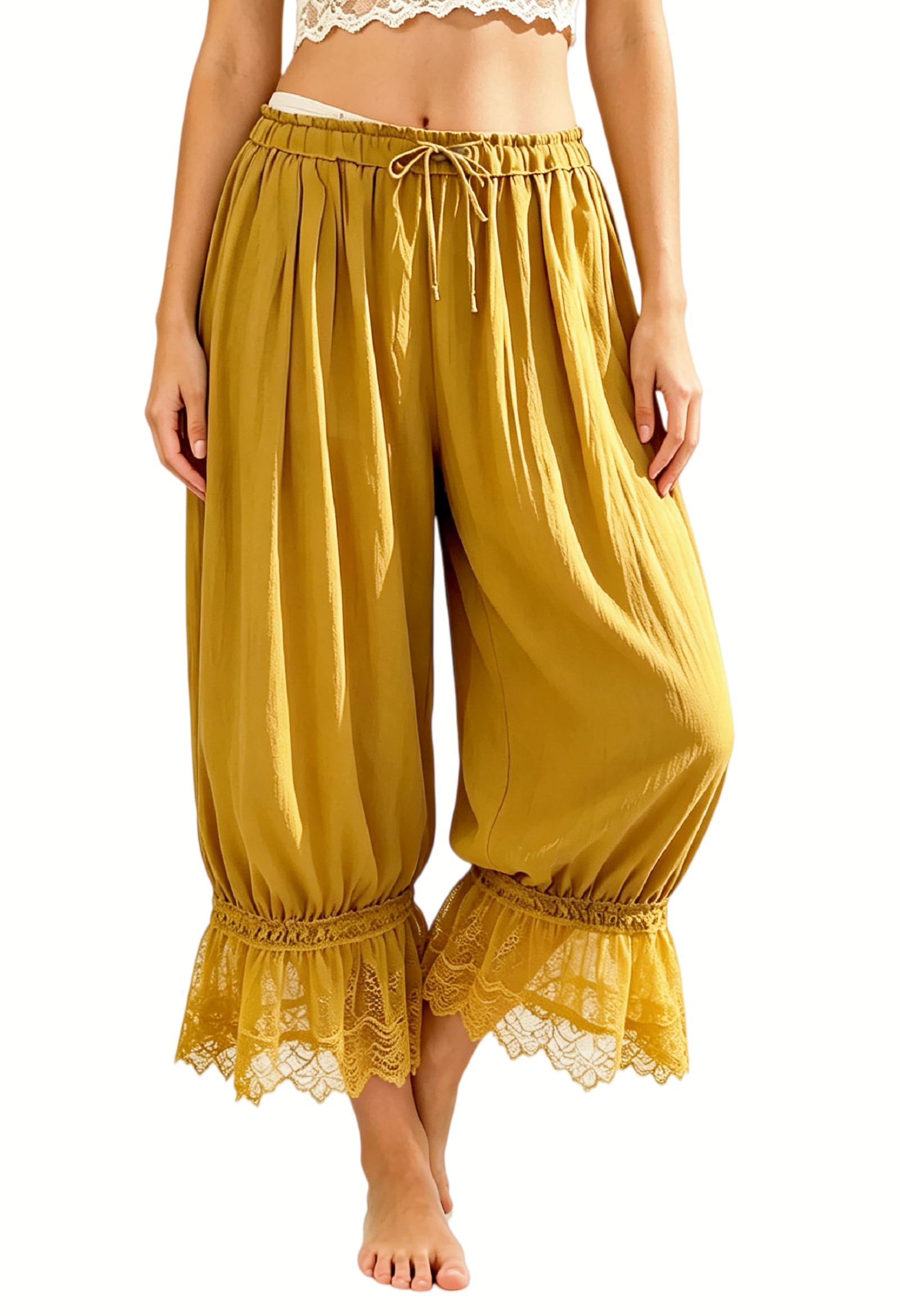 Women Lace Trim Long Bloomers Ruffle Pantaloons Culottes