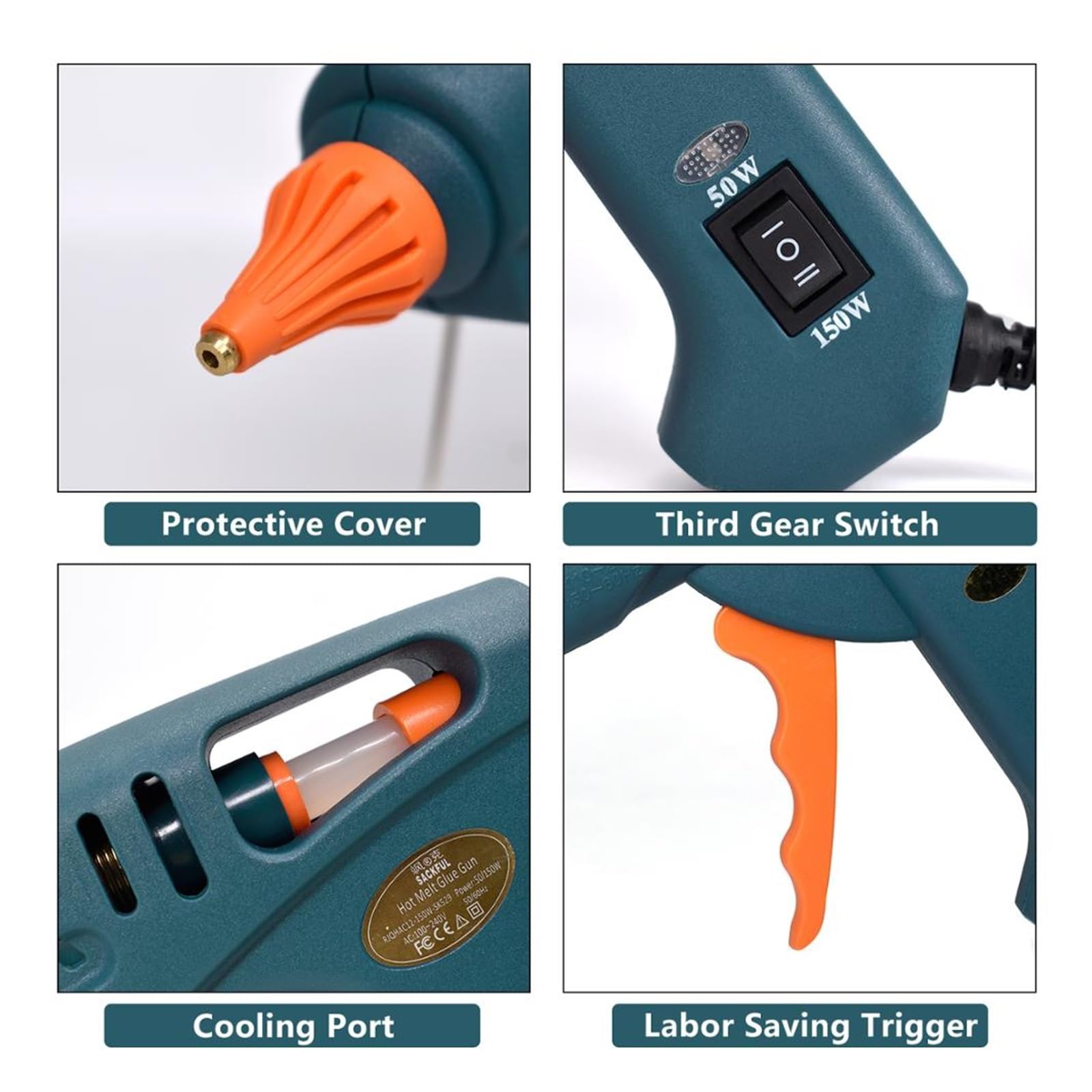Pistola de pegamento de fusión en caliente KIT de herramientas 15 en 1 pistola de silicona interruptor de 50W/OFF/150W for reparación de manualidades uso DIY barra de pegamento de 11mm boquilla de cob