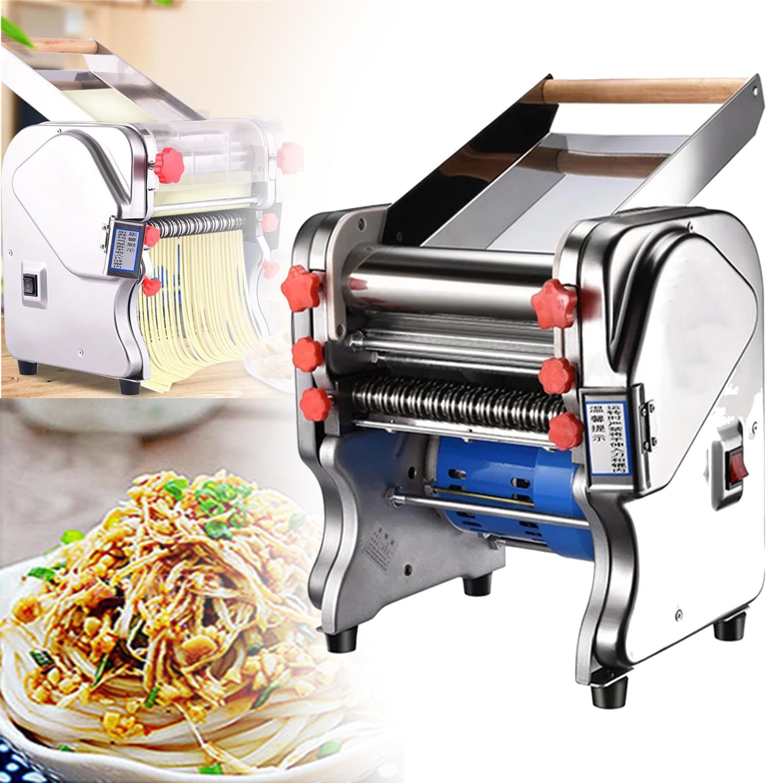 Machine à pâtes électrique 2 en 1, presse à nouilles commerciale en acier inoxydable 550 W, épaisseur réglable, pour spaghettis à la peau de boulettes de nouilles faites maison
