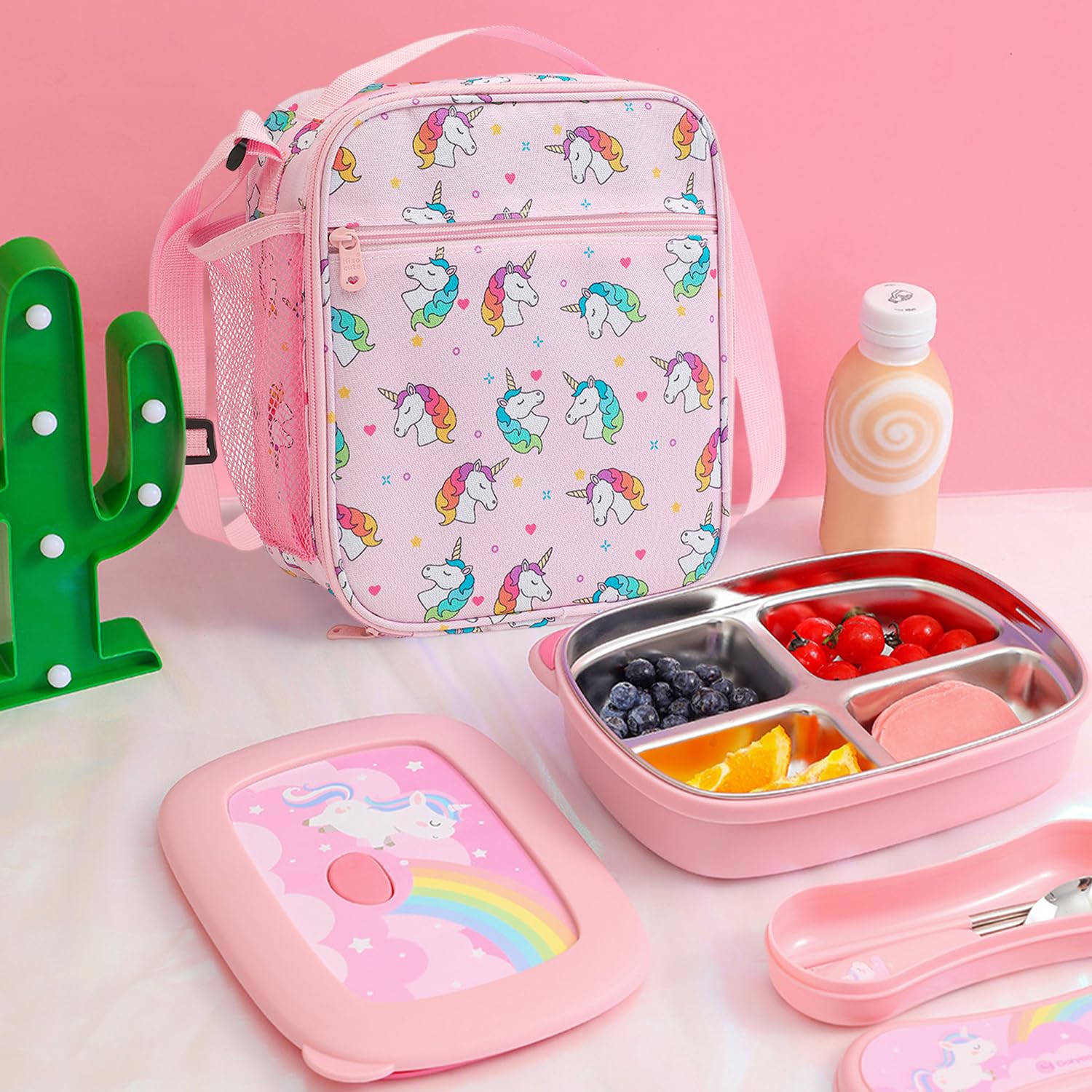 Borsa pranzo termica Rainbow Horse con posate, portatile, tasche laterali in rete, rosa