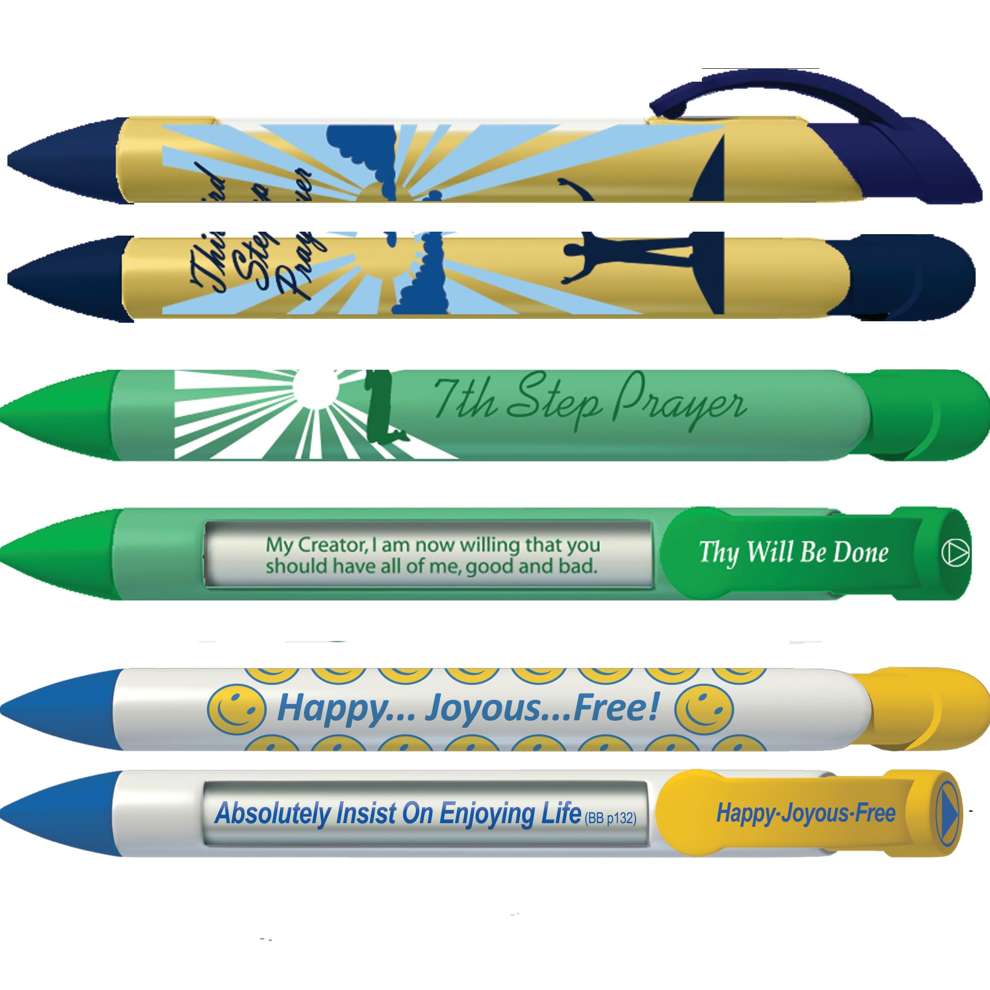 Greeting Pen Recovery Pens- 3rd Step/7th Step/Happy Joyous Free Pen Trio Rotating Message 6 Pen Set (36077)- Encouraging and Motivating Gift for