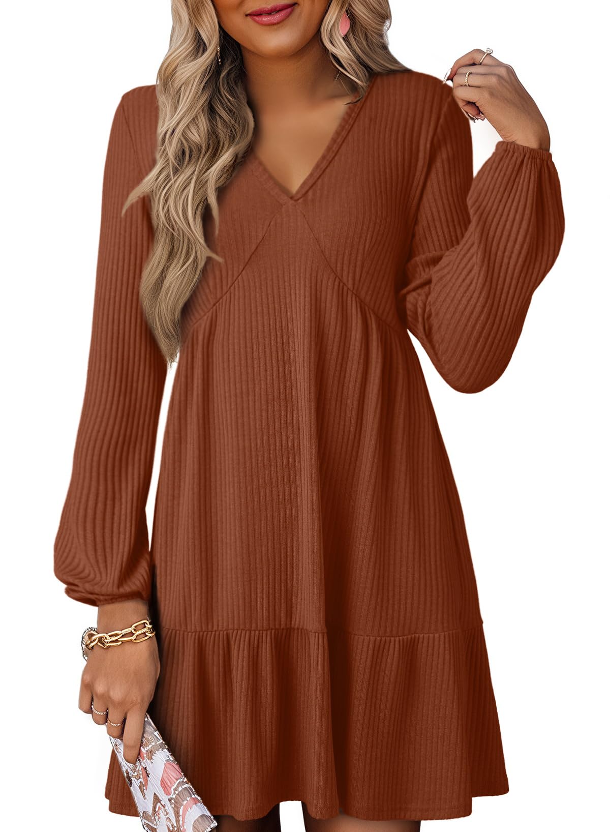Dokotoo Spring Dresses Women 2026 Long Sleeve V-Neck Lightweight Ribbed Knit