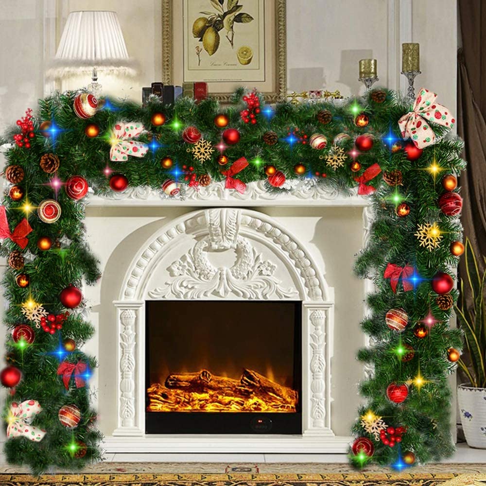 9 Ft Artificial Christmas Garlands with Lights Battery Operated, Xmas Decoration Christmas Garland Greenery Outdoor Pine Garland with 100 LED Lights for Indoor Outdoor Home Mantel Decorations