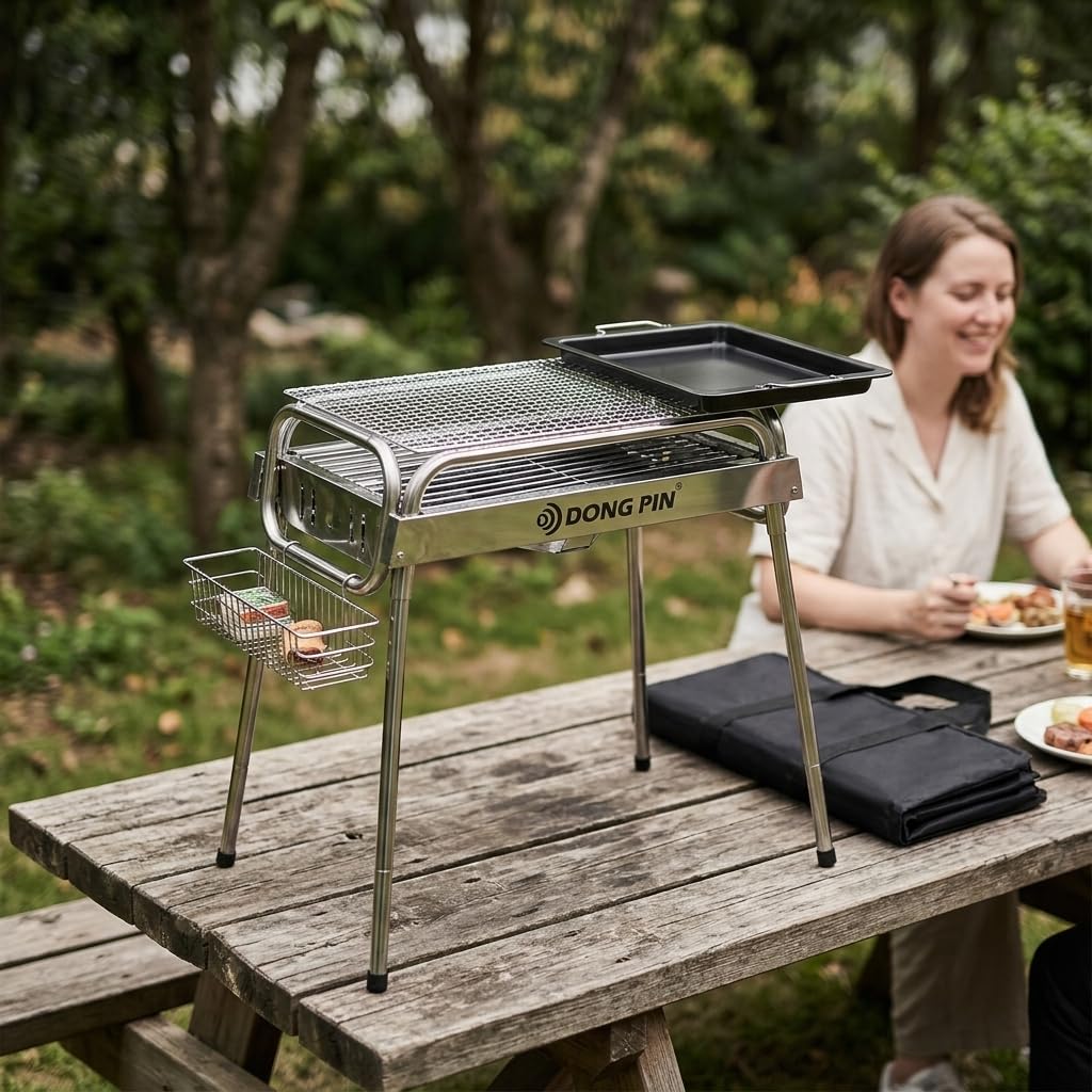 Grill a Carbone Pieghevole Portatile, style to 1 | metallo resistente - acciaio inossidabile - per campeggio all'aperto - include borsa - cestino - per Feste - per Outdoor
