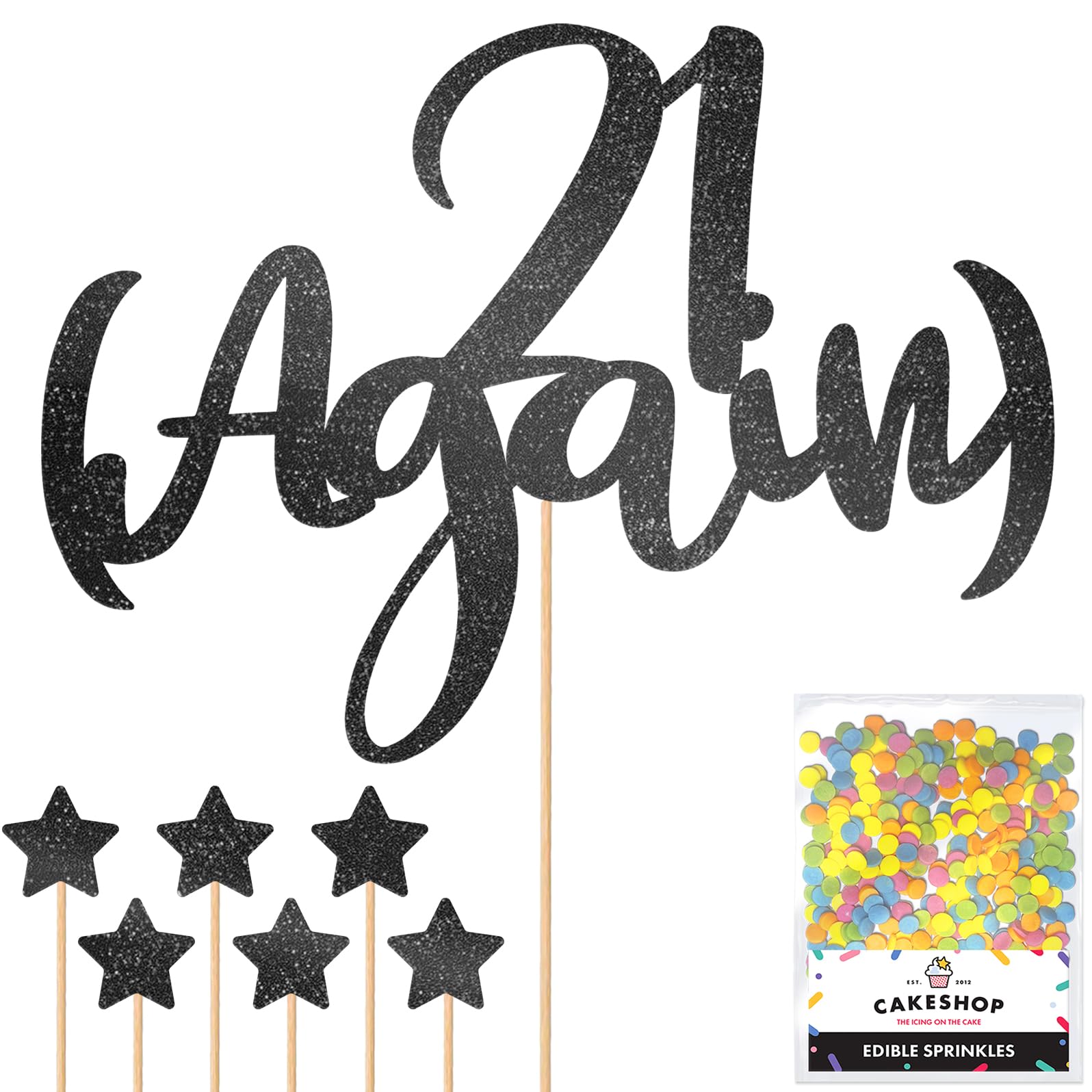 Personalised Funny Old Joke 21 Again Glitter Cake Topper - Black Any Age Glitter Cake Decoration and Sprinkles - Happy Birthday Decorations - Personalised Toppers for Cakes by Cakeshop