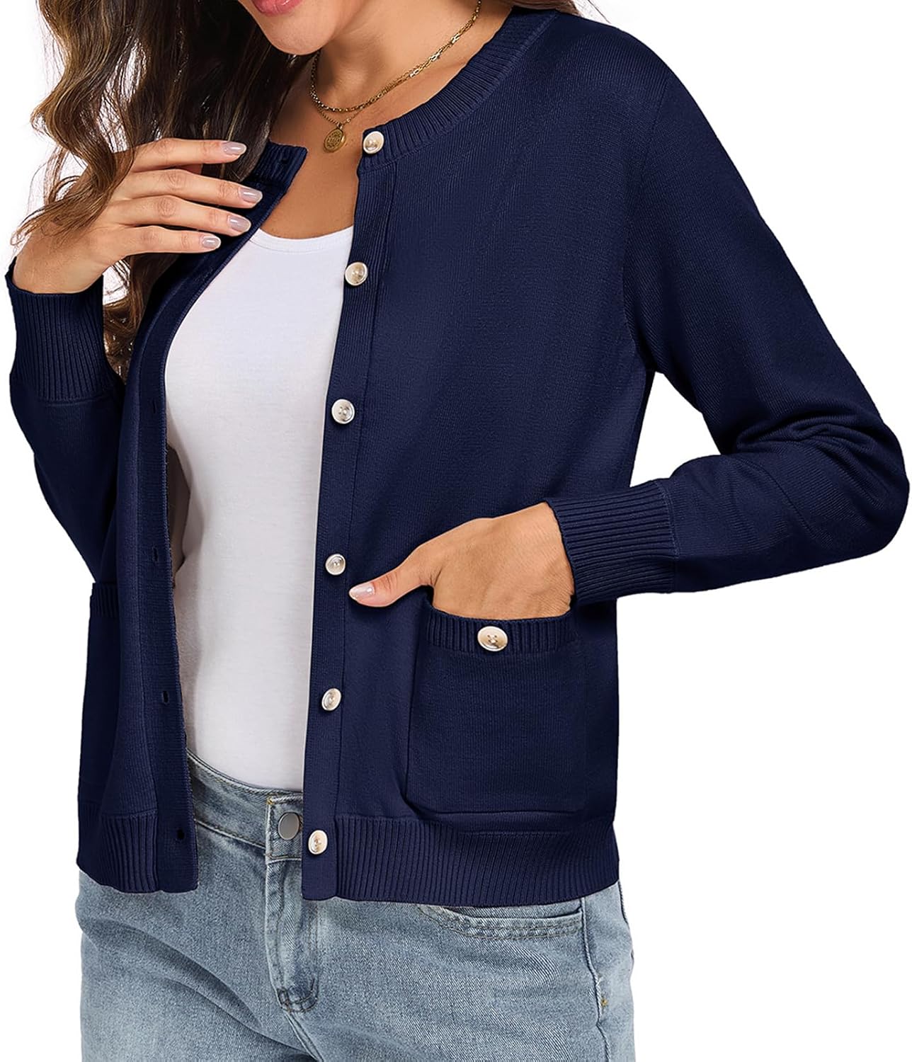 Oymyakon Women Button Down Cardigan Sweaters Long Sleeve Crew Neck Knit Sweater Lightweight Open Front Top Outwear Coat - Image 2