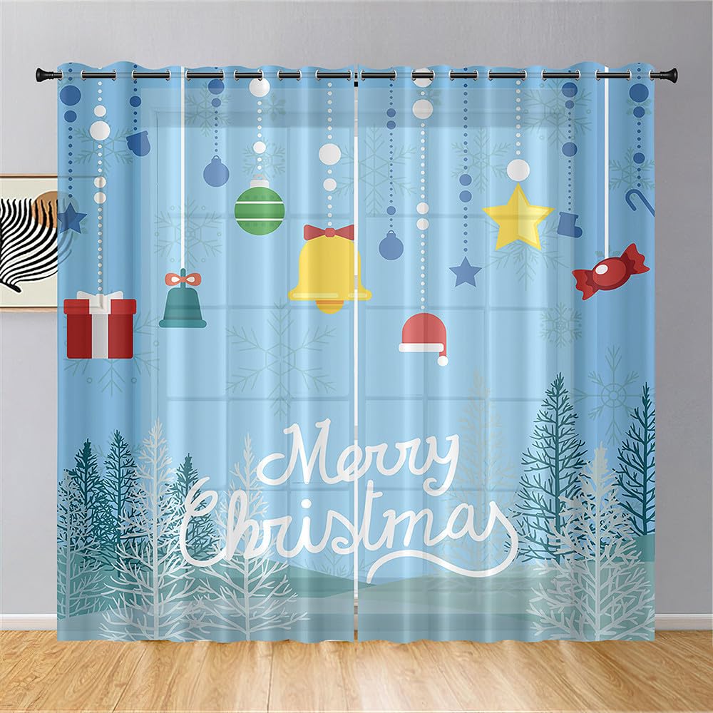 Surwin Impresión Navideña Translucidas Cortinas Salon, 2 Piezas Cortina con Ojales, Navidad Cocina Dormitorio Cortinas y Moderno Visillos Visillos Cortos para Ventanas (55x95cm,Feliz Navidad)