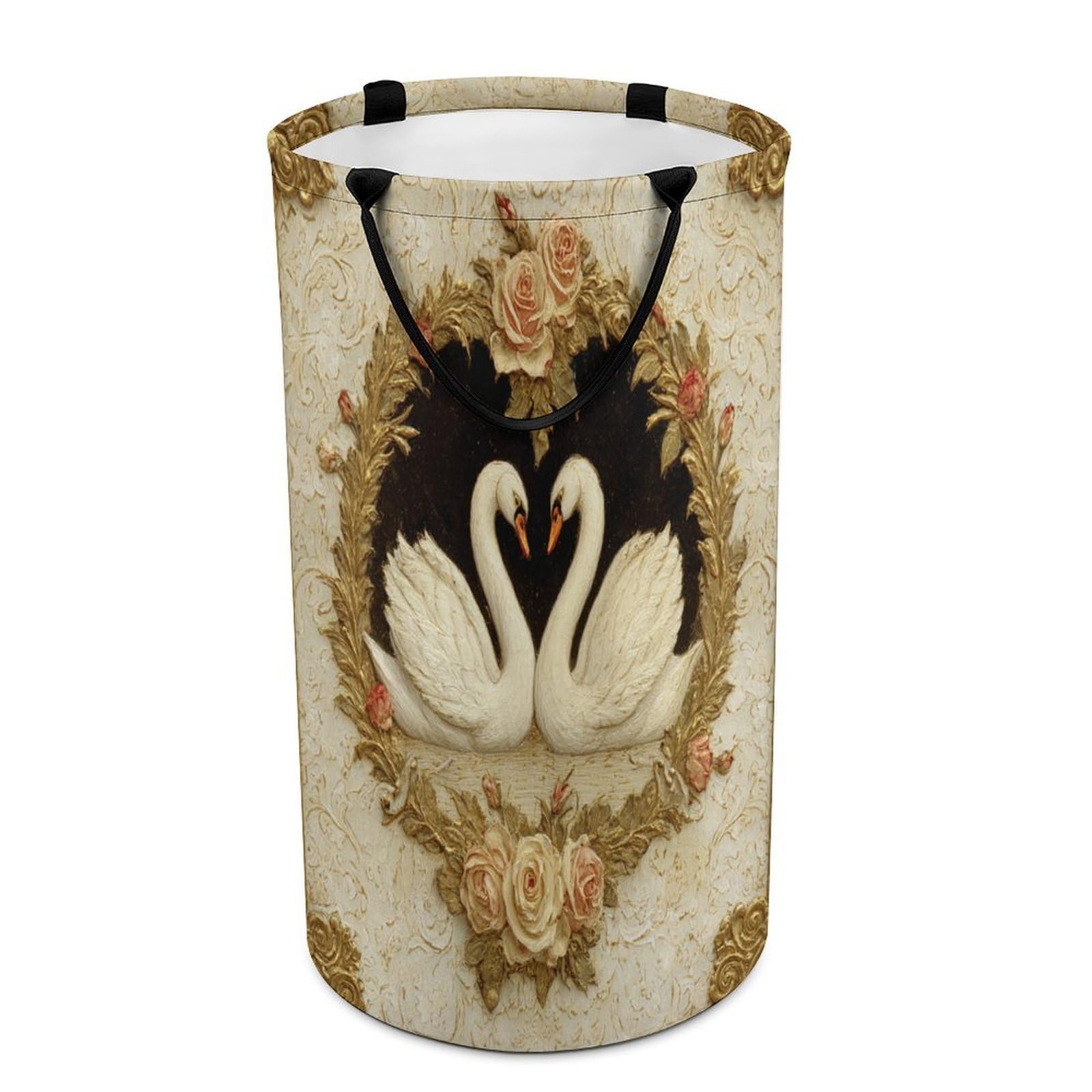 LUYYSKY Colorful Realistic Swans Couples Collapsible Dirty Clothes Basket, Beautiful Luxury Plants Roses Flowers Animals Swans Pattern Portable Clothes Storage Basket