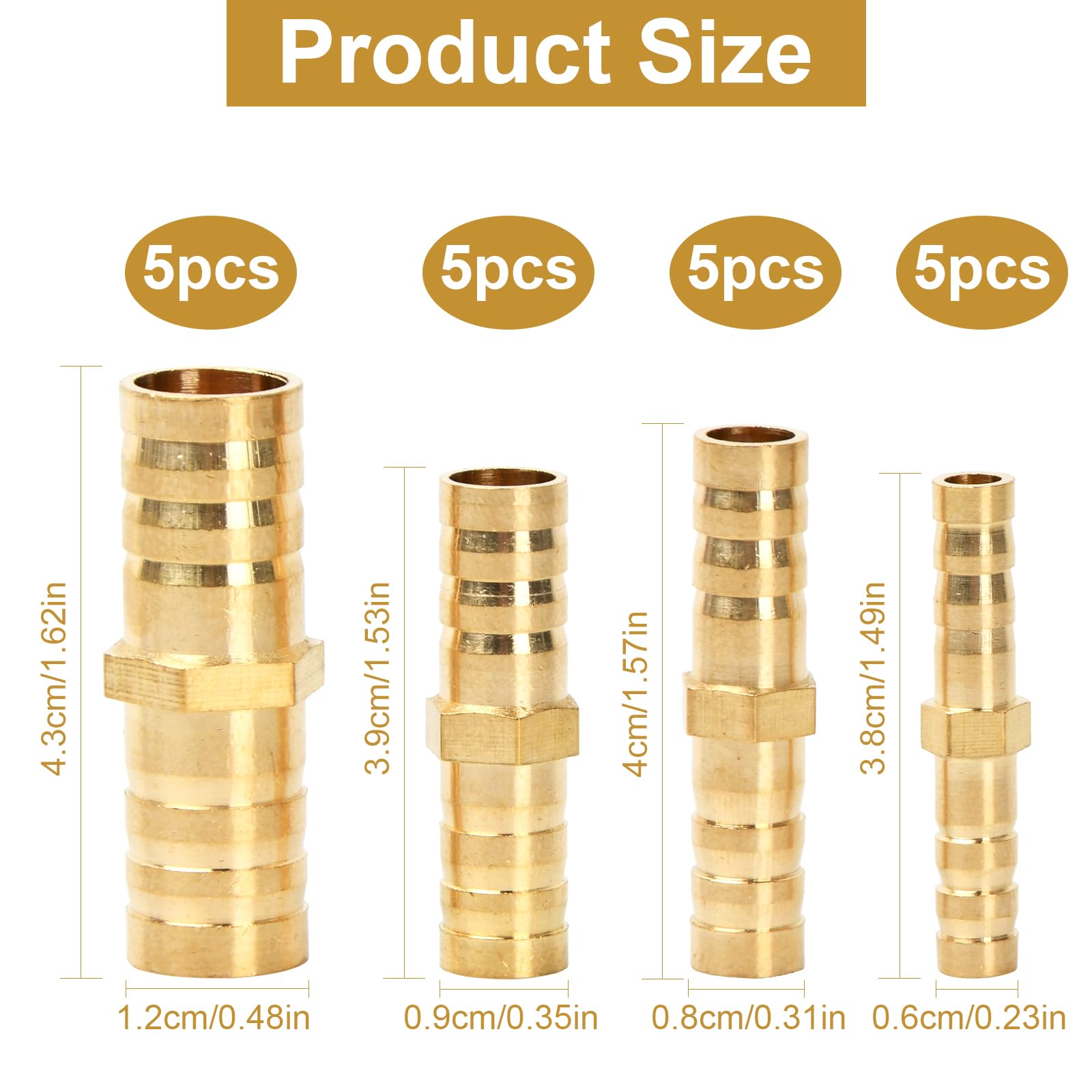 dentedeleao Hose Connector Set Fuel Line Connector, 20 Pieces Pipe Fittings, Brass Barbed Tube Straight Hose Fitting for Diesel Air Water and Fuel(6 mm/8 mm/10 mm/12 mm) - Image 2