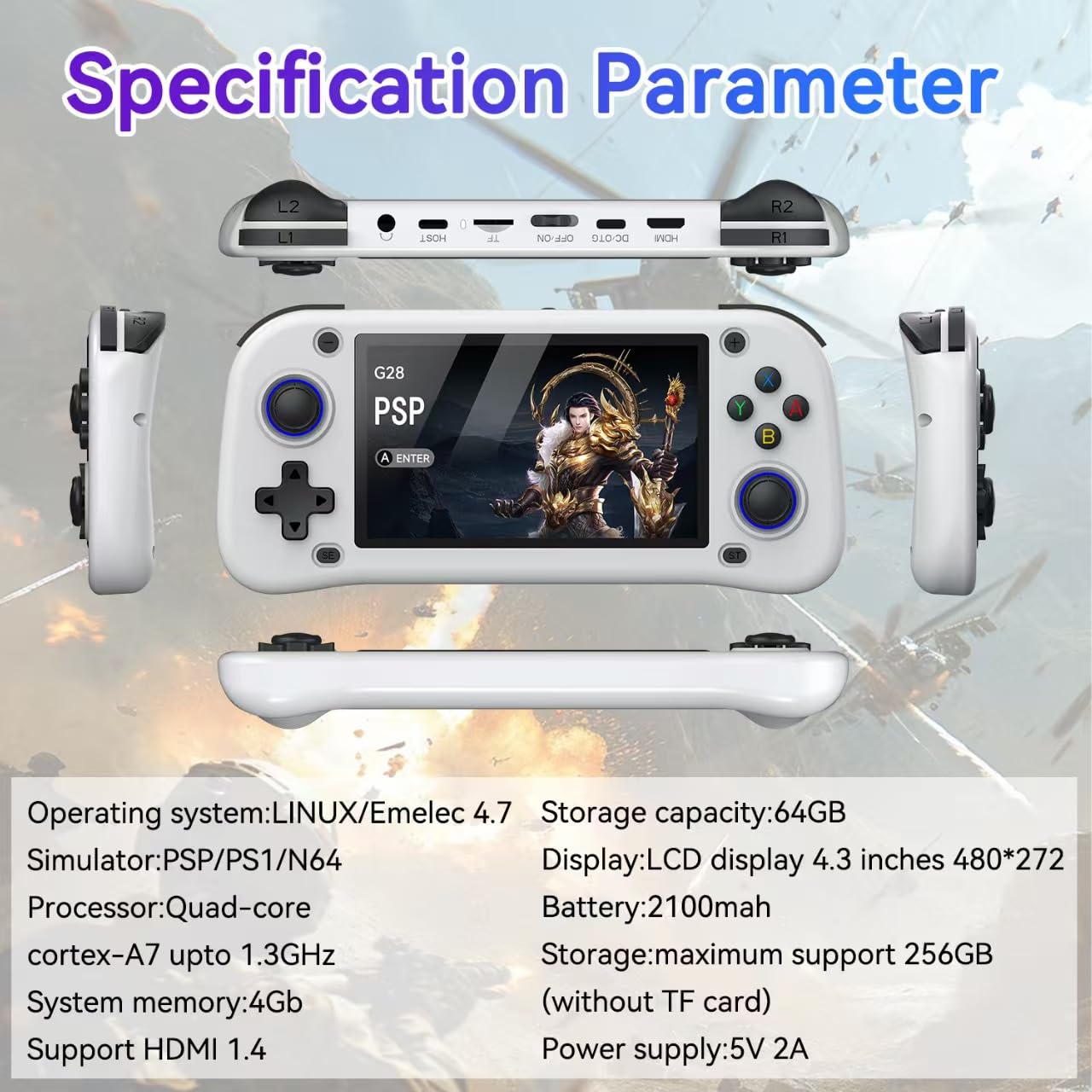 Nuova console da gioco portatile, 128 GB di memoria interna con 20.000 giochi, sistema Linux, console portatile per videogiochi, schermo IPS da 4,3 pollici, oltre 30 emulatori e sistema Linux (bianco