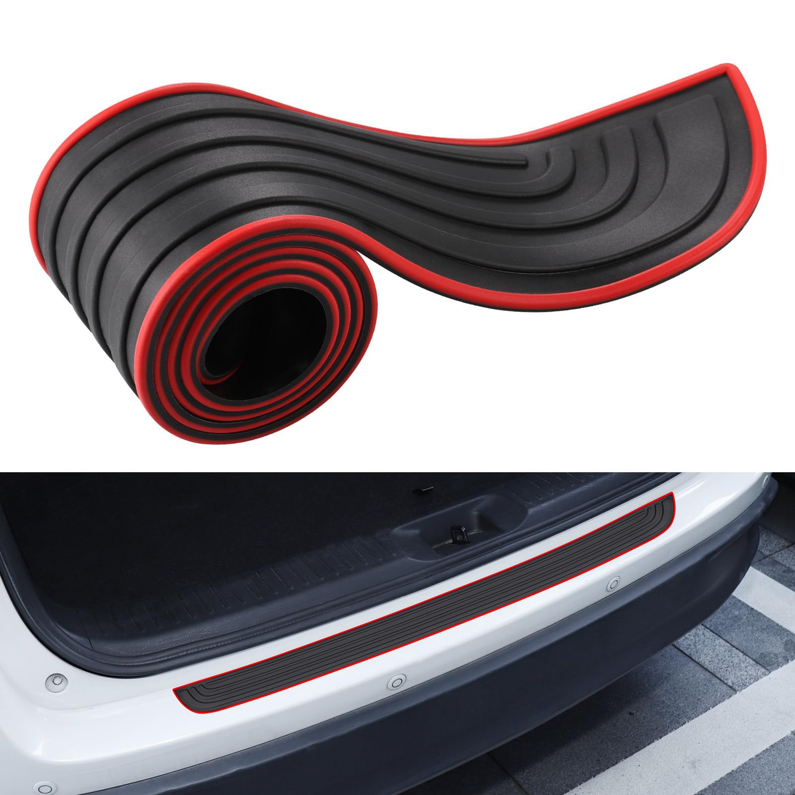 Mnhcac Blackandred Car Rear Protector Guard Sticker For Jaguar Xe Xel Sedan, Bumper Protector Strip, Auto Rear Trunk Sill Plate Scuff Plate Strip, Black And Red-7 * 90Cm