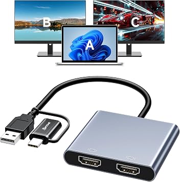 USB to Dual HDMI Adapter, 1080P@60Hz USB C to 2 HDMI Multiport Splitter for Windows, M1/M2 Mac OS - BIOS Interface Not Support, Only Support 11th-Generation Or Newer Processor